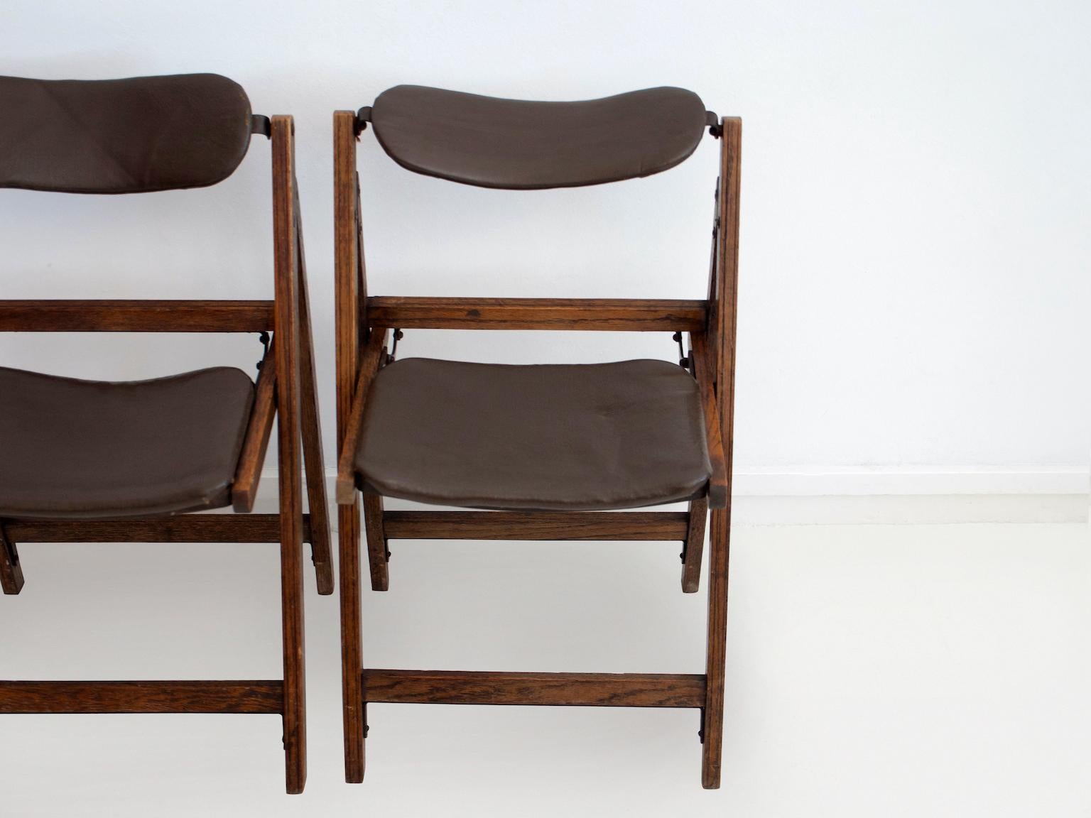 Stained Pair of Brown Folding Chairs with Oak Frame