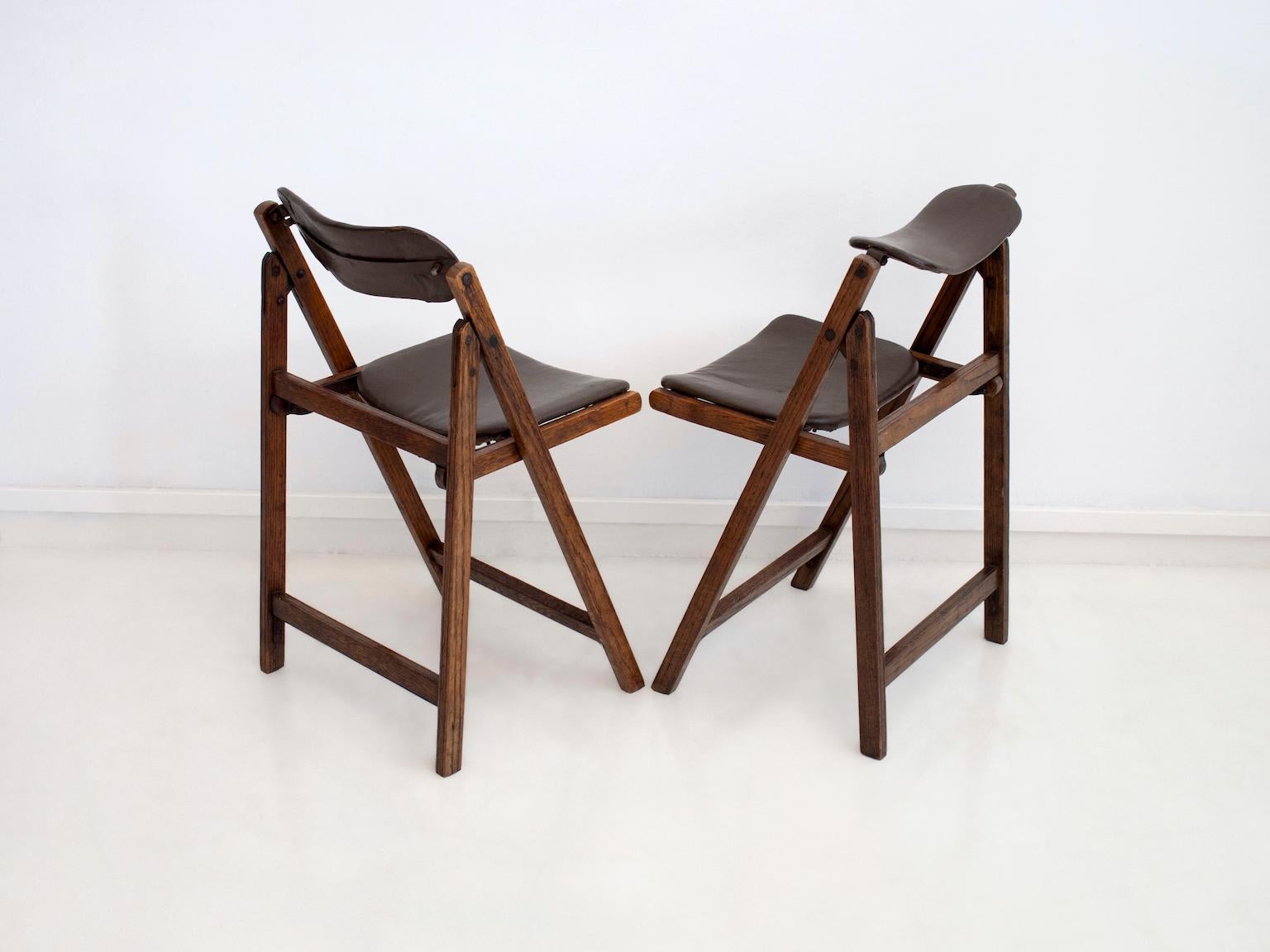 Faux Leather Pair of Brown Folding Chairs with Oak Frame