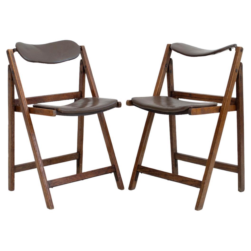 Pair of Brown Folding Chairs with Oak Frame
