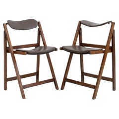 Retro Pair of Brown Folding Chairs with Oak Frame