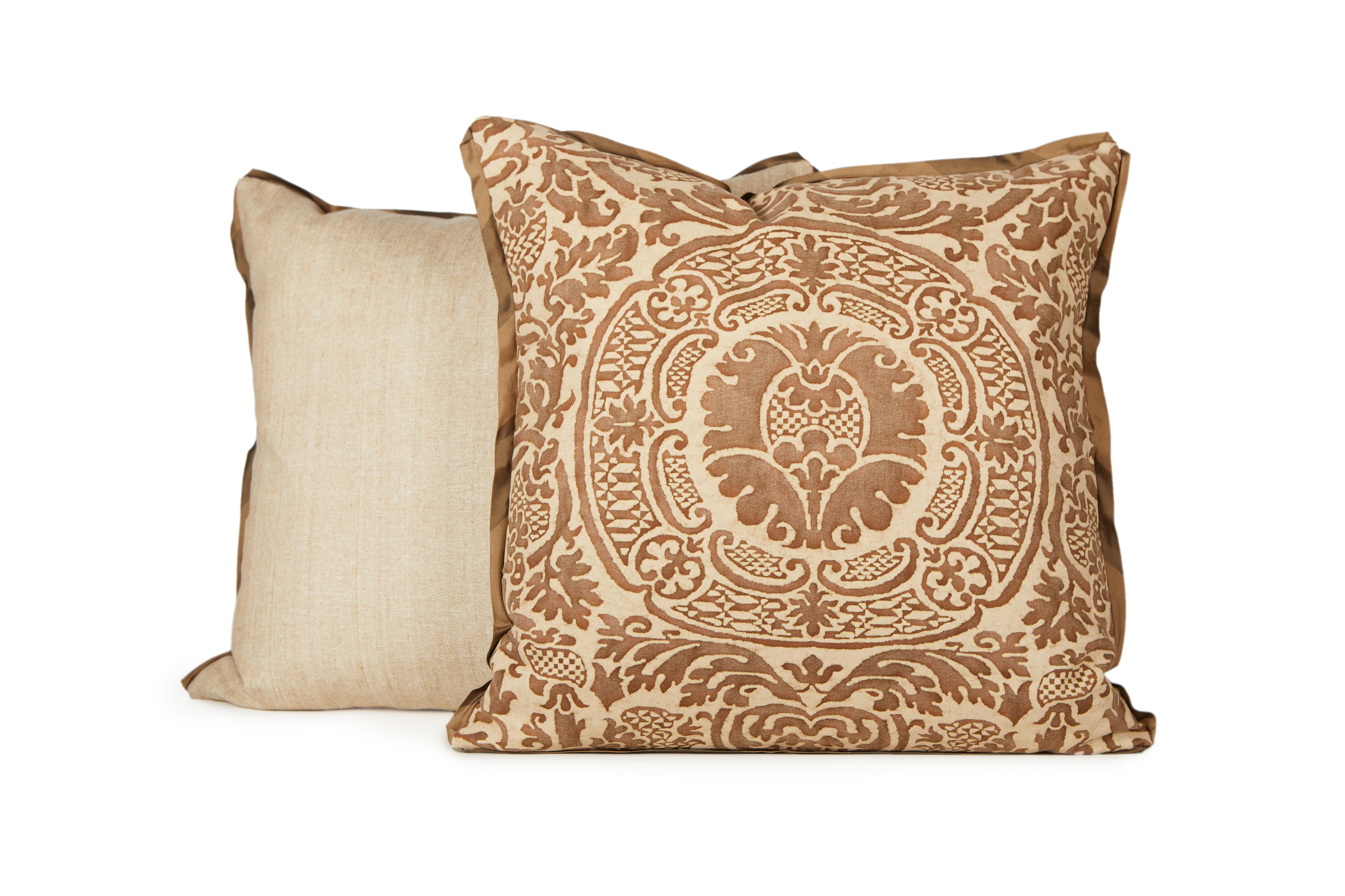 American Pair of Brown Fortuny Fabric Cushions in the Orsini Pattern by David Duncan  For Sale