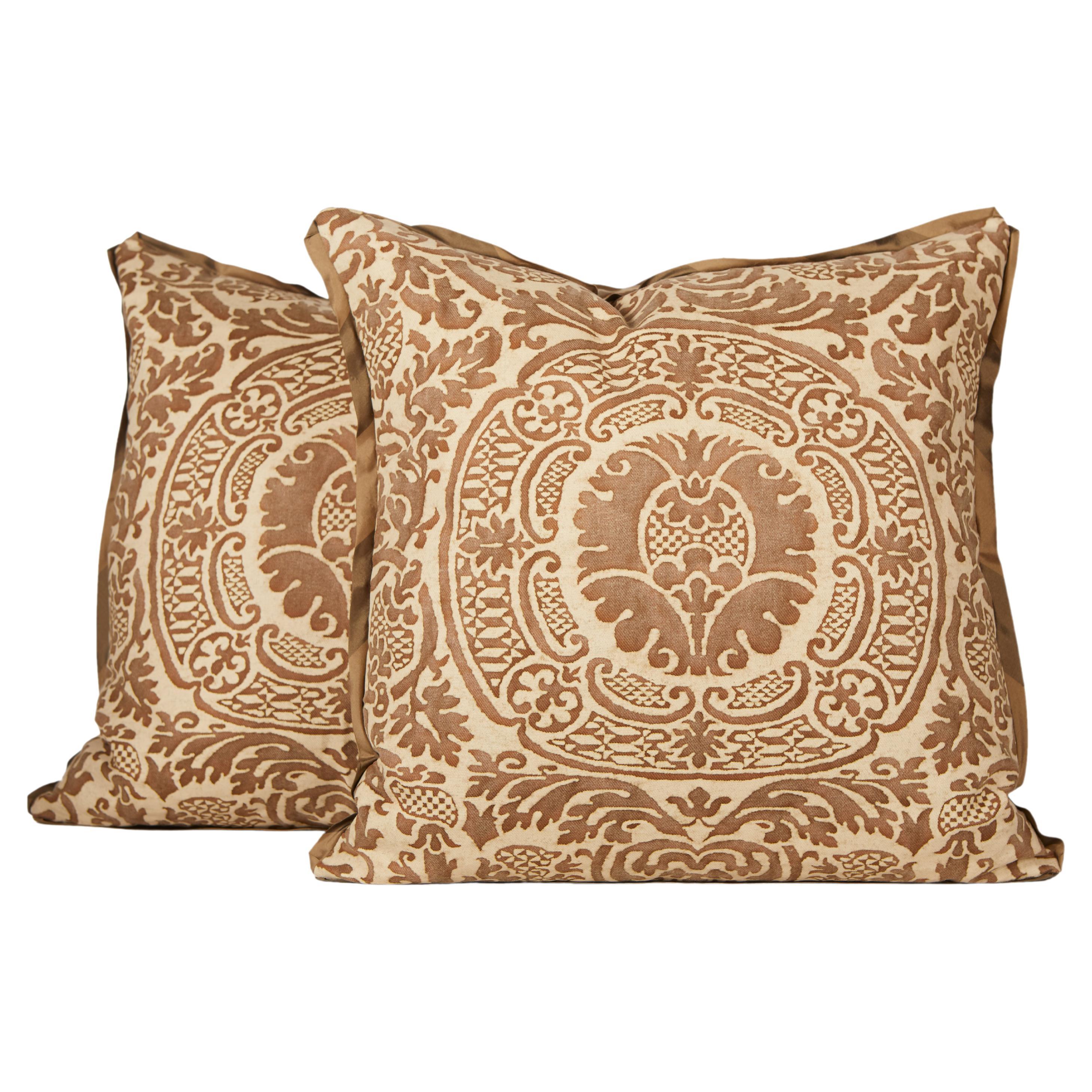 Pair of Brown Fortuny Fabric Cushions in the Orsini Pattern by David Duncan  For Sale