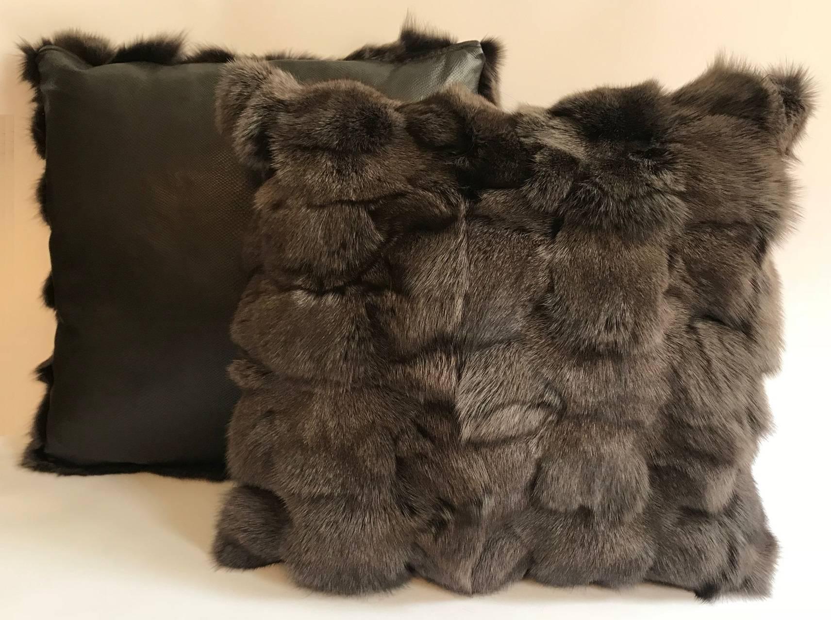 Modern Pair of Brown Fox Fur Pillows