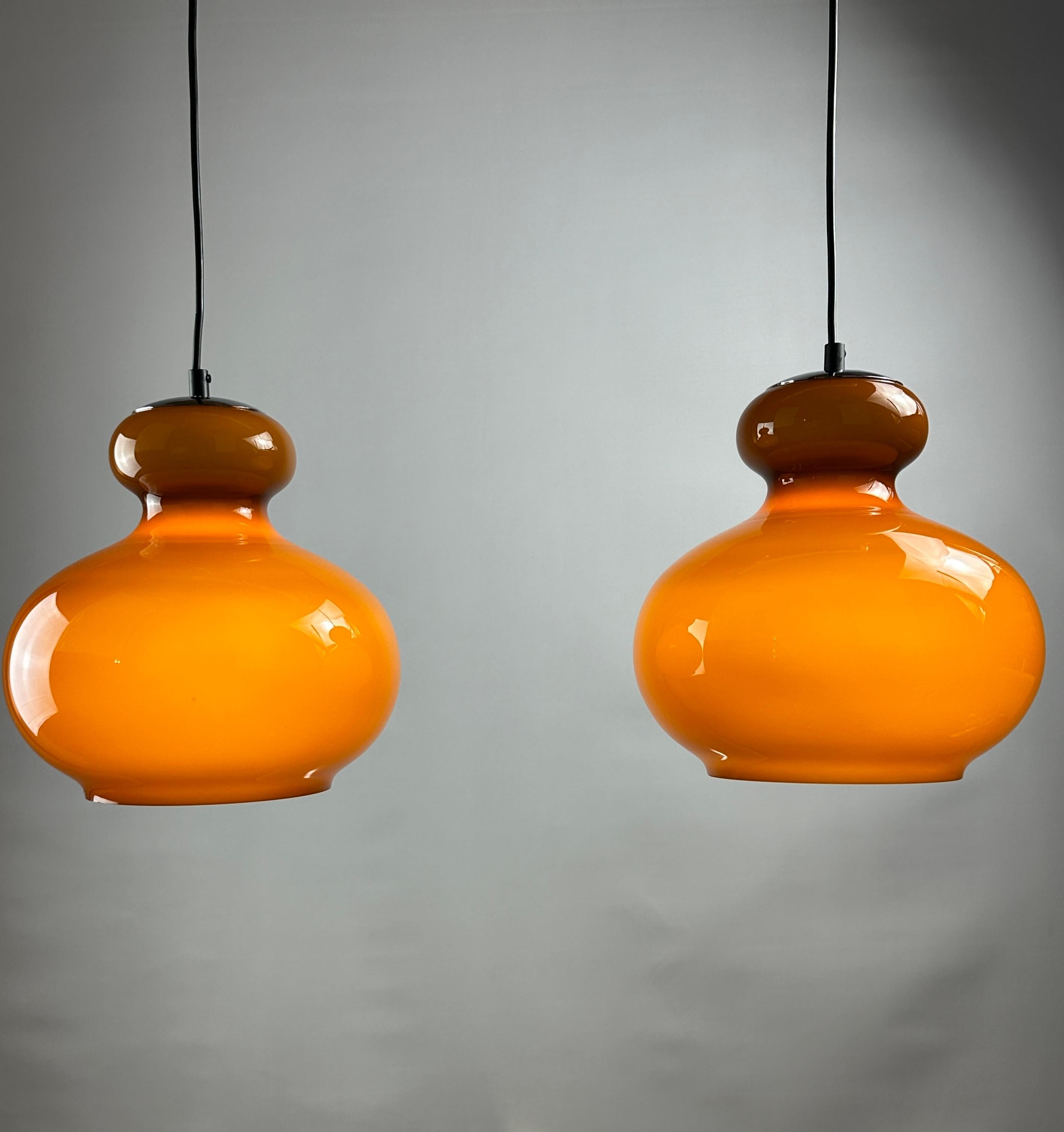 Glass Pair of brown glass pendant light by Peill and Putzler 1960 For Sale