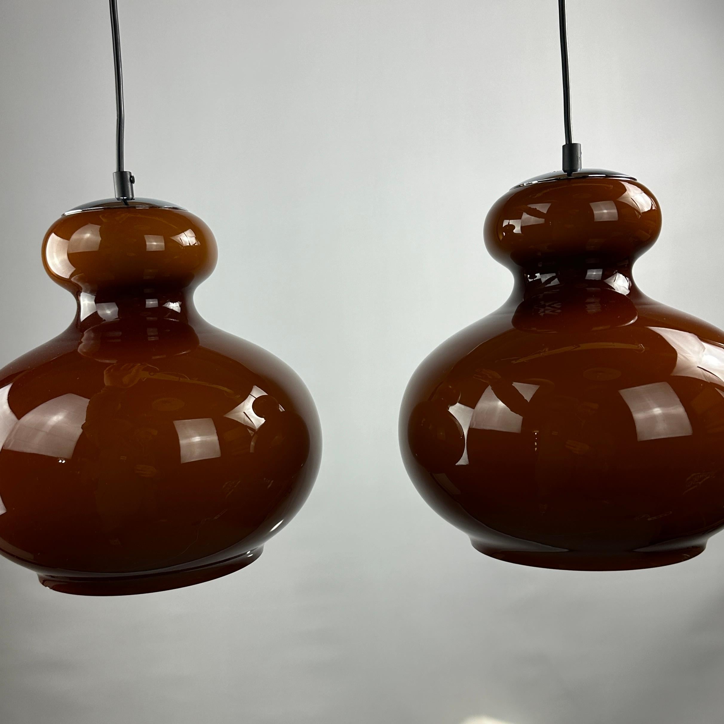 Pair of brown glass pendant light by Peill and Putzler 1960 For Sale 1