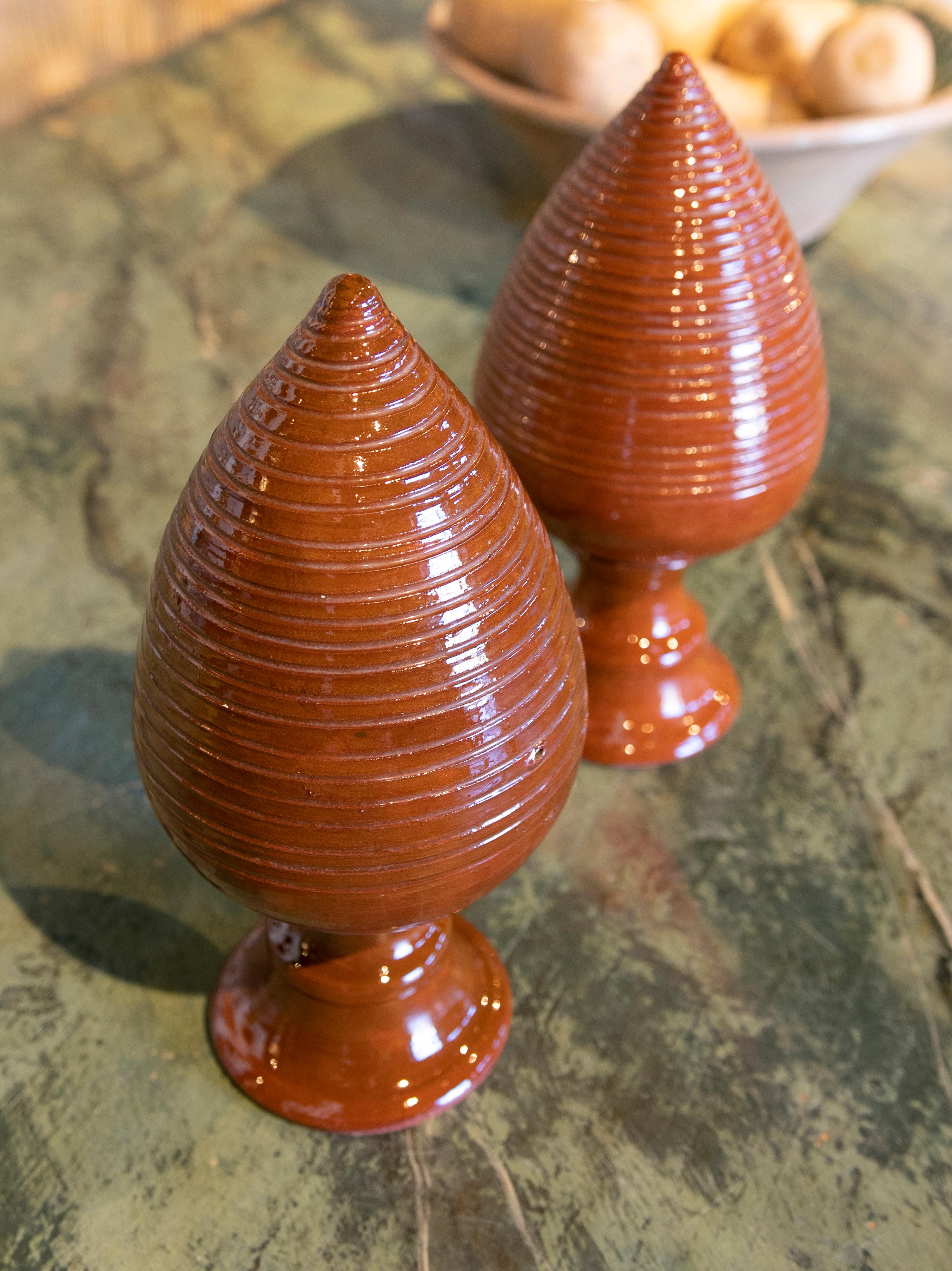 Spanish Pair of Brown Glazed Ceramic Finials with Pineapple Shape