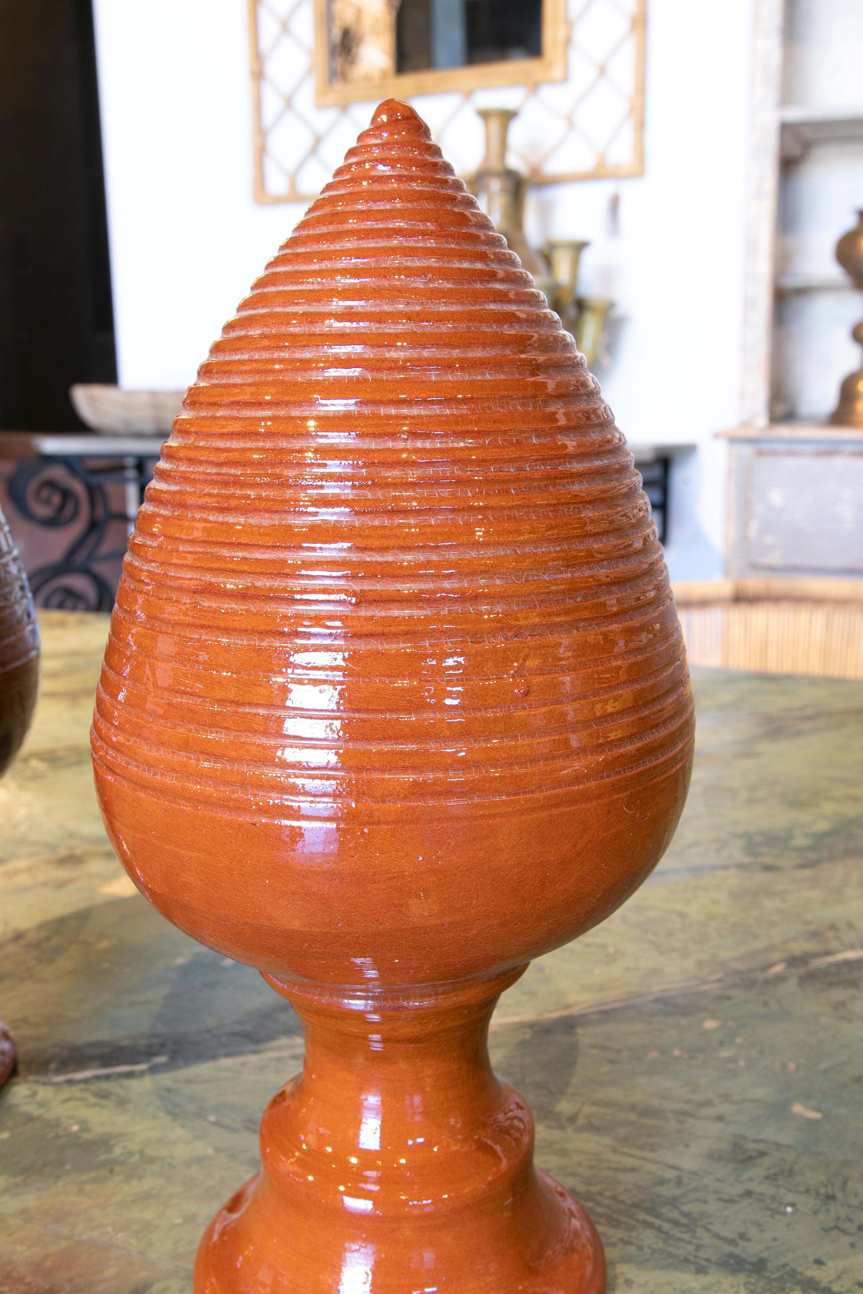 20th Century Pair of Brown Glazed Ceramic Finials with Pineapple Shape