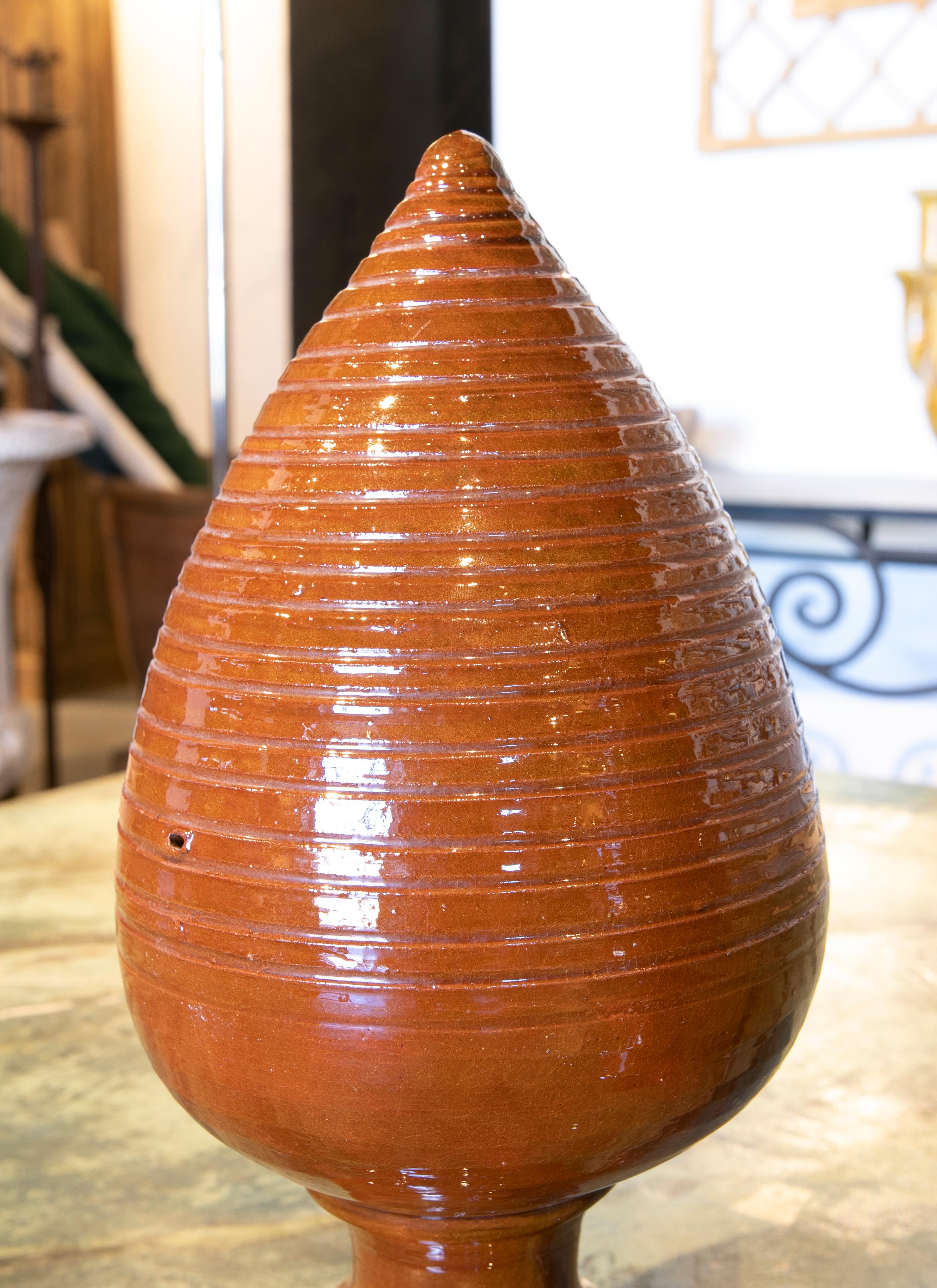 Pair of Brown Glazed Ceramic Finials with Pineapple Shape 1