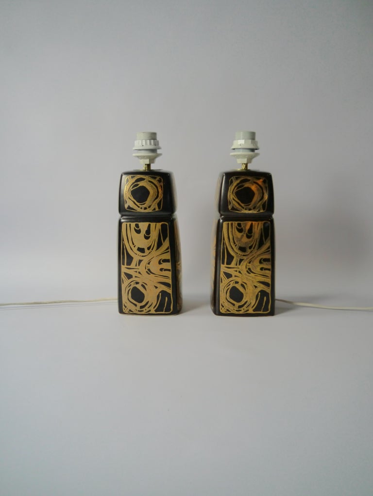 Mid-Century Modern Pair of Brown / Golden Ceramic Lamps by Søholm, Denmark, 1960s For Sale