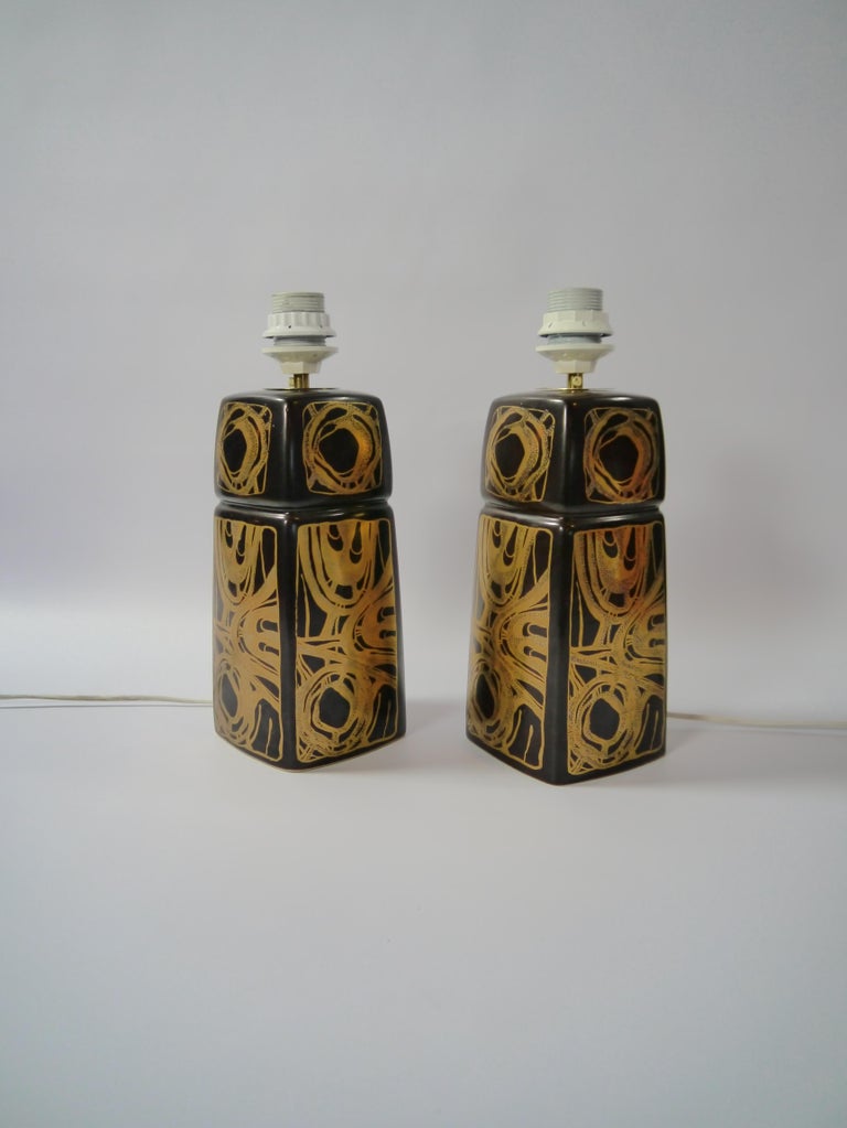 Danish Pair of Brown / Golden Ceramic Lamps by Søholm, Denmark, 1960s For Sale