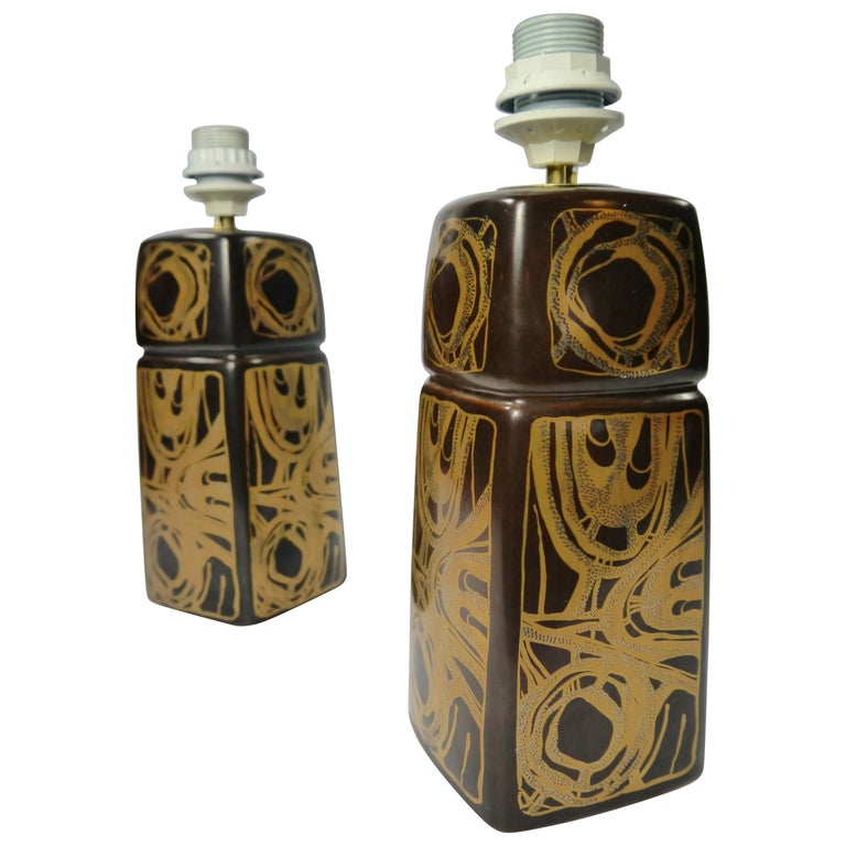 Pair of Brown / Golden Ceramic Lamps by Søholm, Denmark, 1960s For Sale