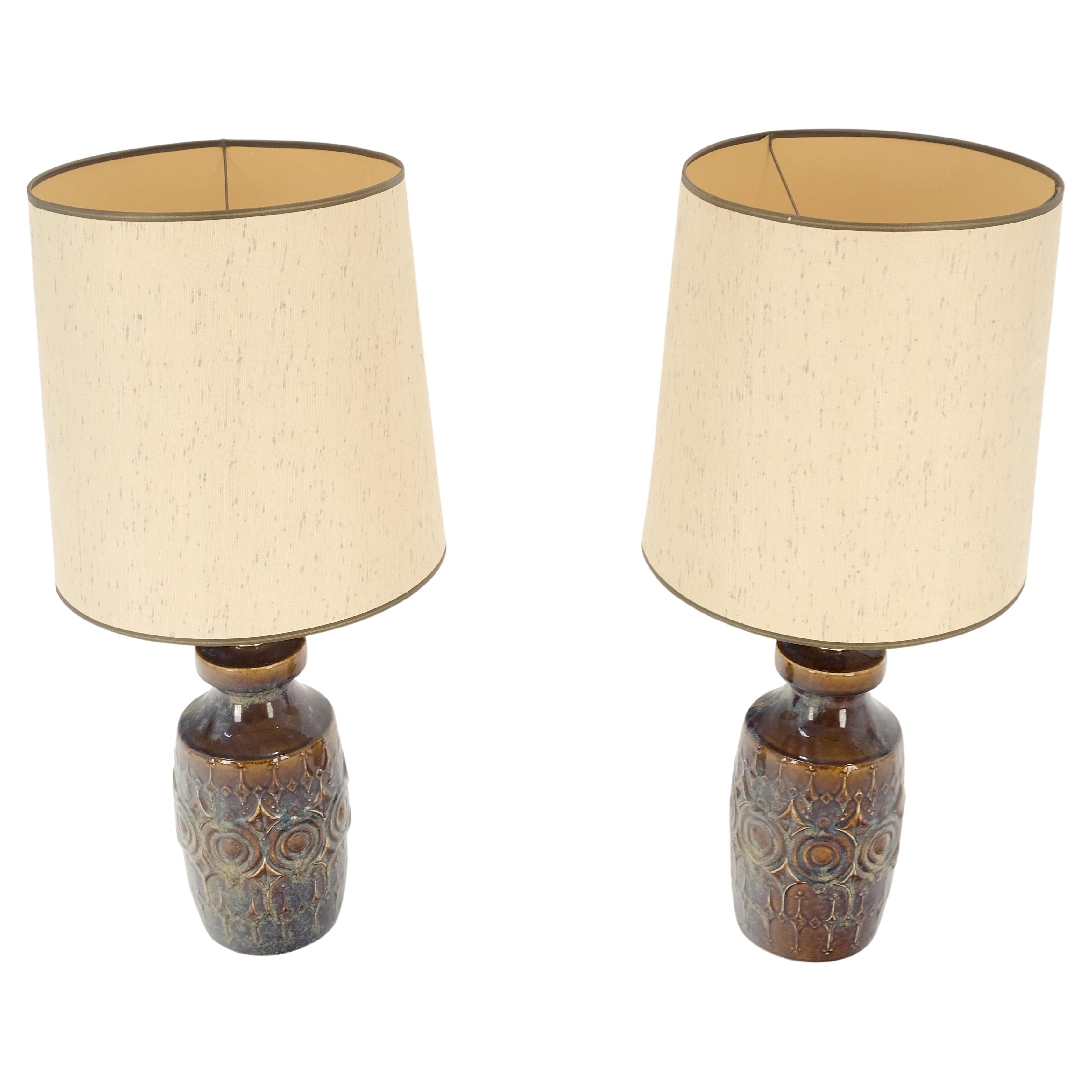 Mid-Century Modern Pair of Brown Grey Blue Glazed Pottery Ceramic Vase Shape Table Lamp MINT! For Sale