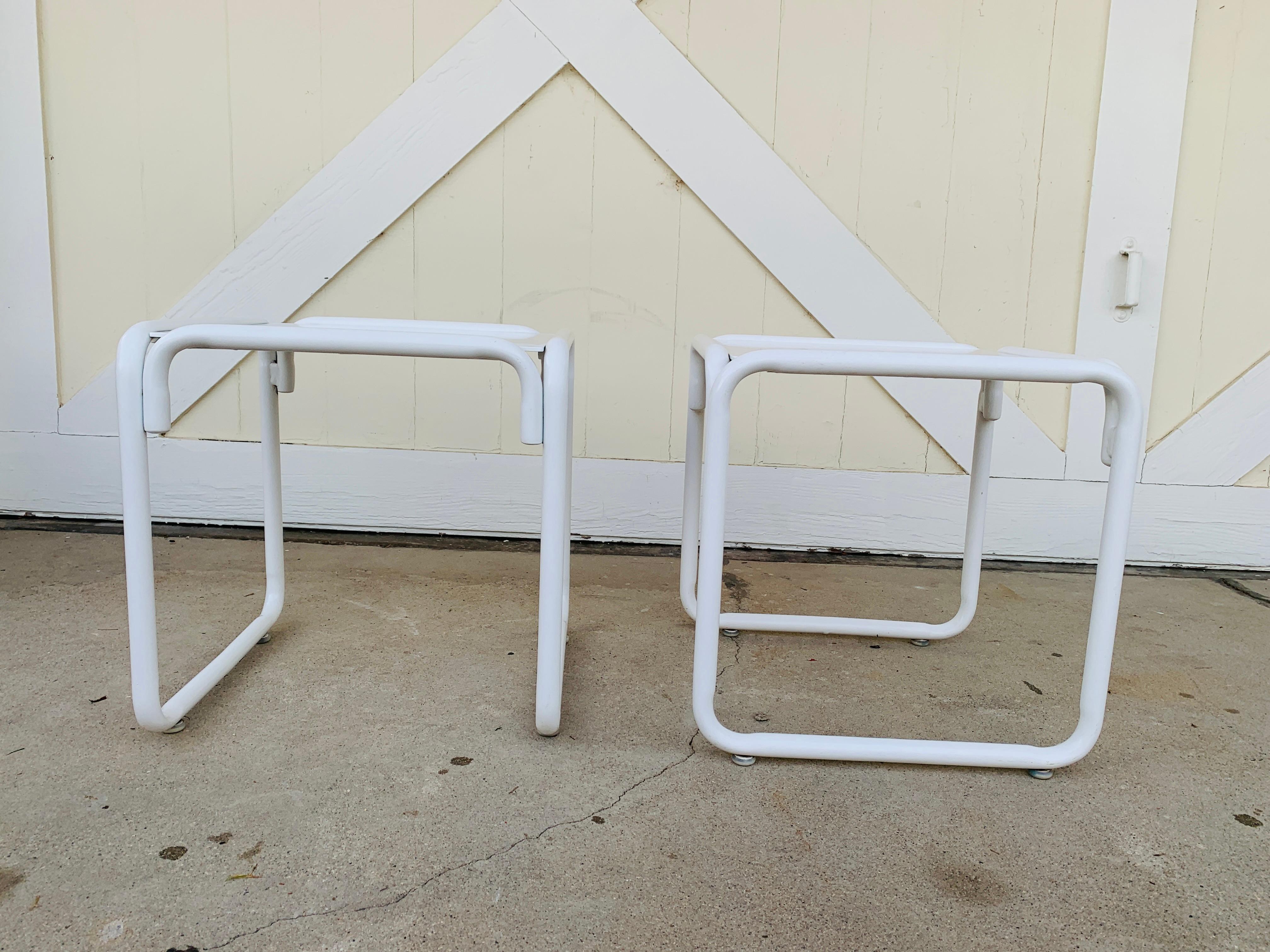 North American Pair of Brown Jordan Patio Table in White Metal