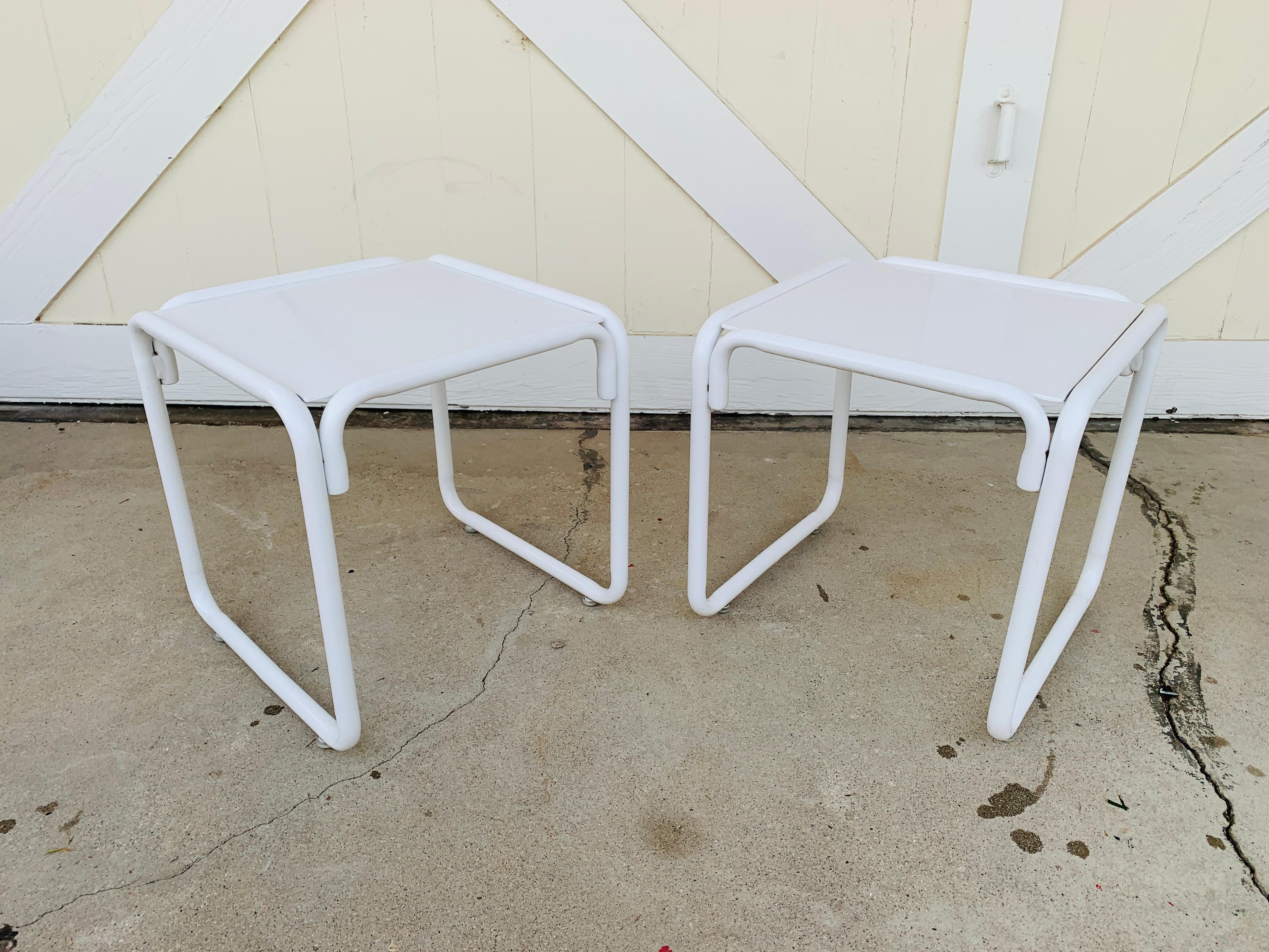 Powder-Coated Pair of Brown Jordan Patio Table in White Metal