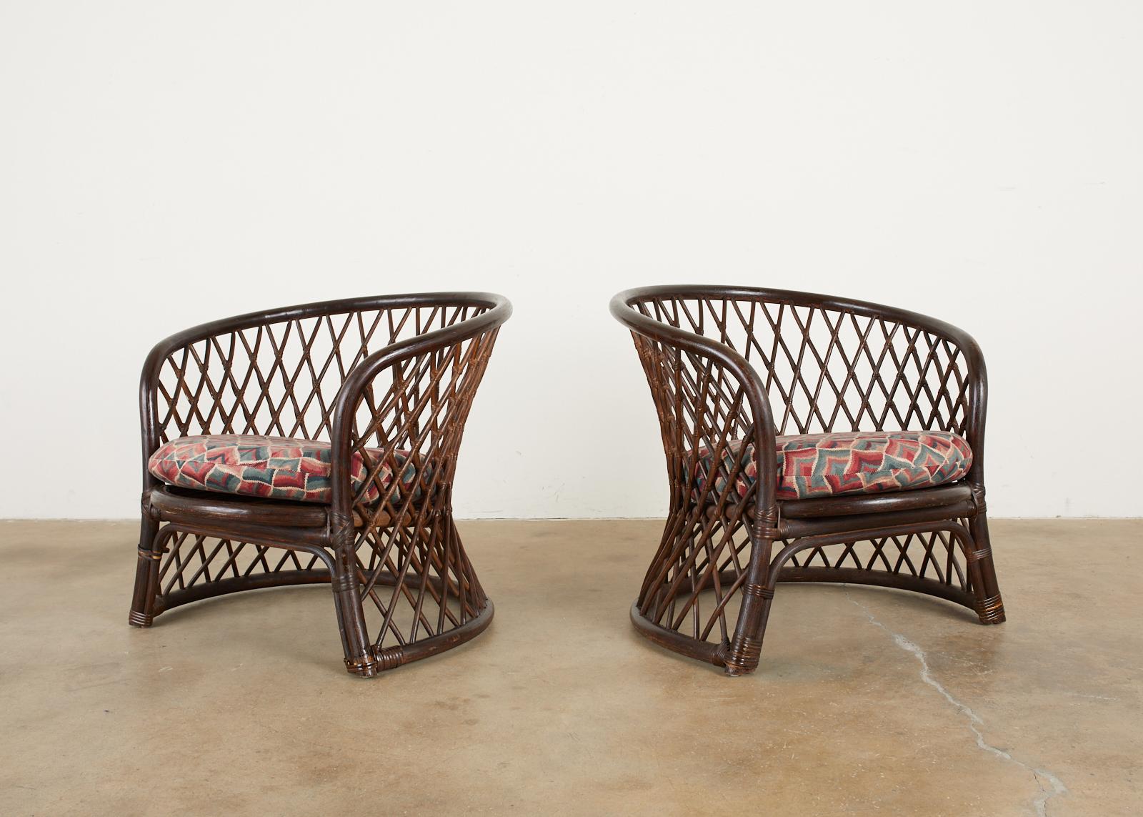 Bamboo Pair of Brown Jordan Rattan Wicker Club Chairs