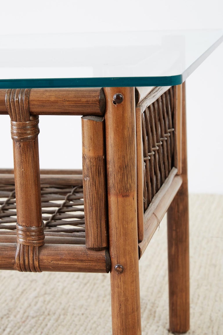 Pair of Brown Jordan Style Bamboo Rattan Side Tables For Sale at 1stDibs