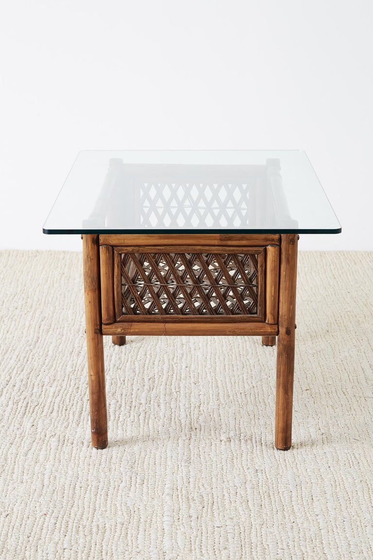 Pair of Brown Jordan Style Bamboo Rattan Side Tables For Sale at 1stDibs