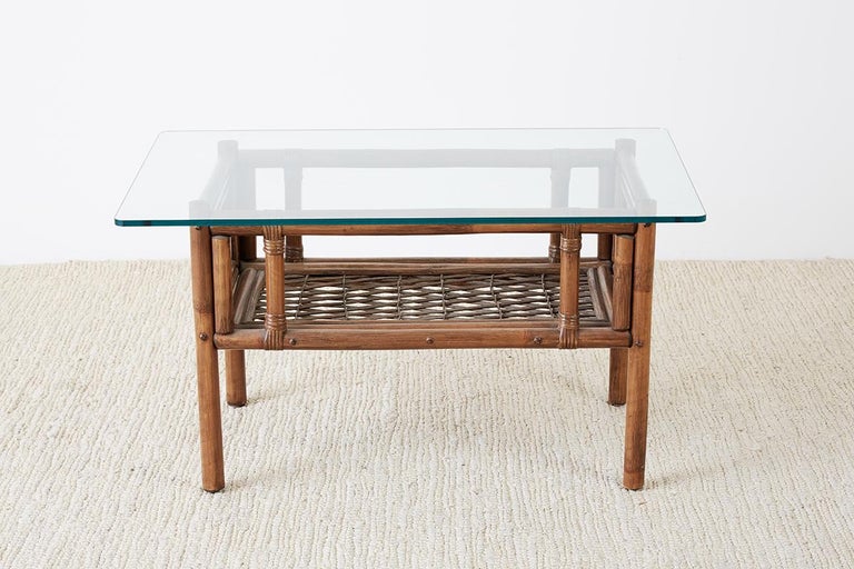 Pair of Brown Jordan Style Bamboo Rattan Side Tables For Sale at 1stDibs