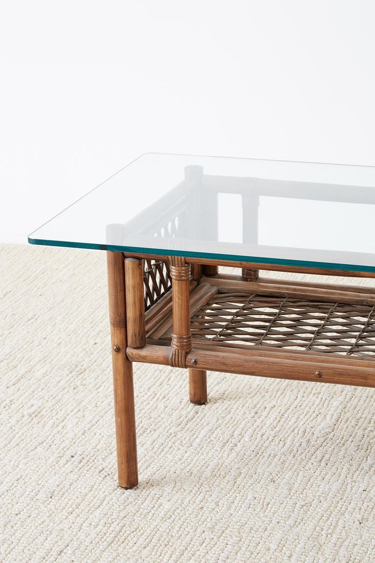 Pair of Brown Jordan Style Bamboo Rattan Side Tables For Sale at 1stDibs