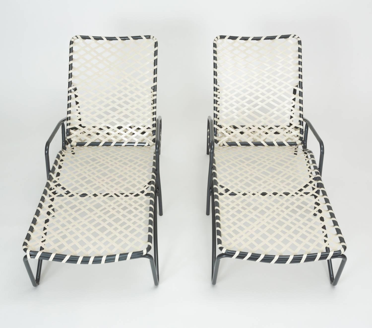 A pair of fully restored California-made patio chaise lounges from Brown Jordan. The “Tamiami” Collection featured a curvy, spacious frame, and diagonal nylon lacing. Each chaise lounge has an adjustable angle of recline, as the headrest portion is