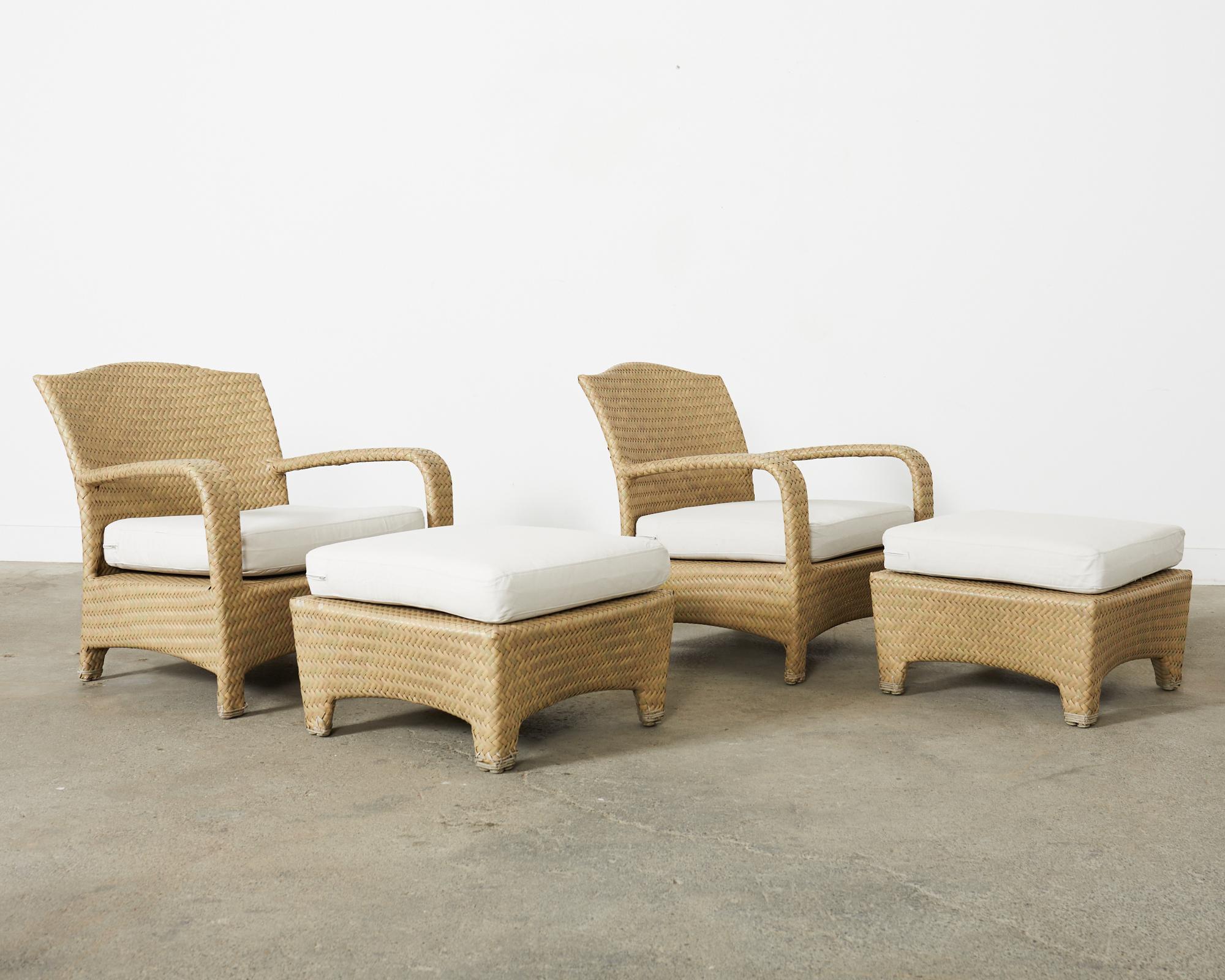 Modern Pair of Brown Jordan Wicker Havana Lounge Chairs and Ottomans