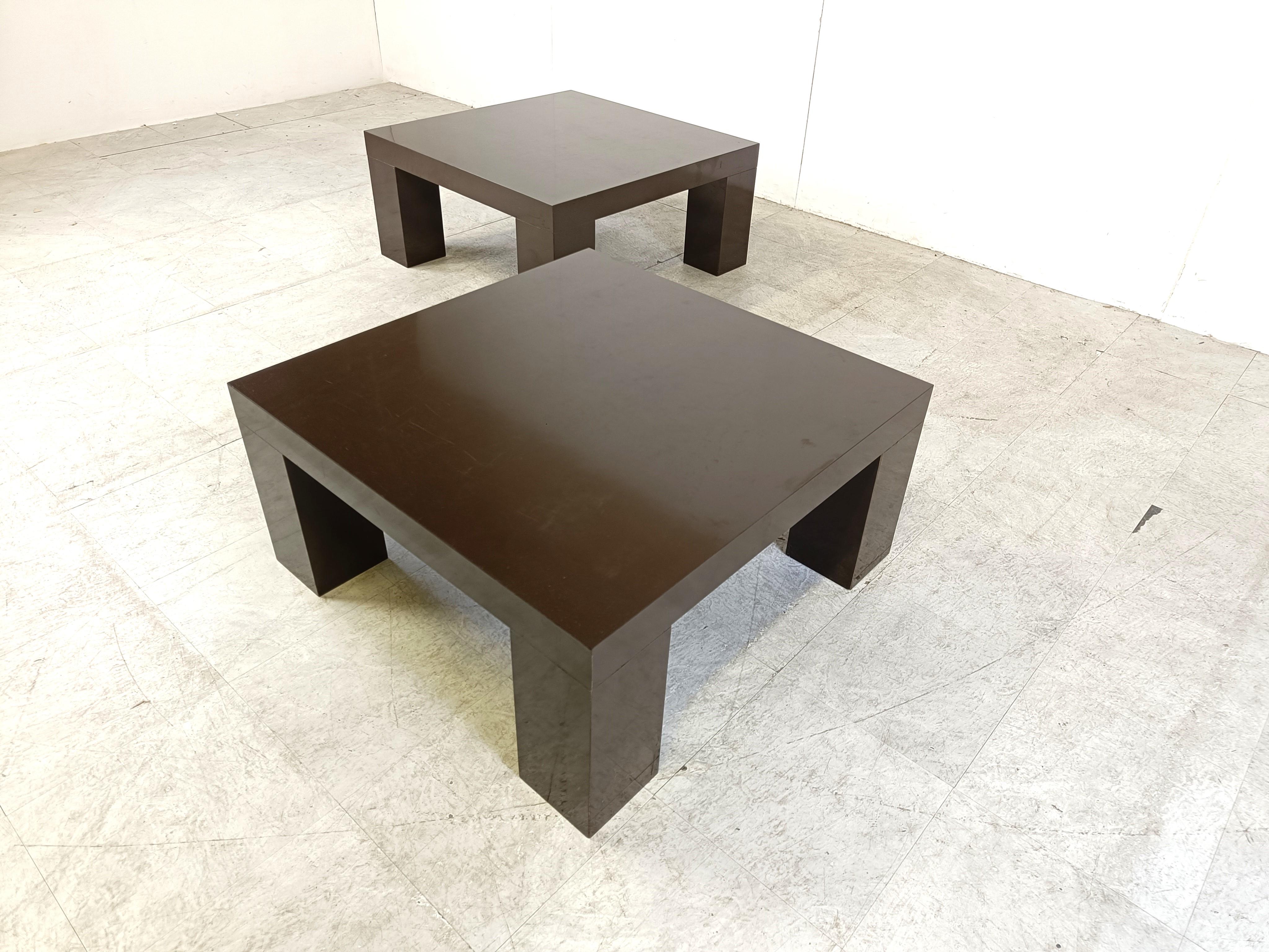 Seventies brown lacquer coffee or side tables.

These where purchased together with a willy rizzo coffee  table (model alveo) and formed a part of the living room in a very posh house.

We cannot confirm these are Willy Rizzo/Mario Sabot - but these