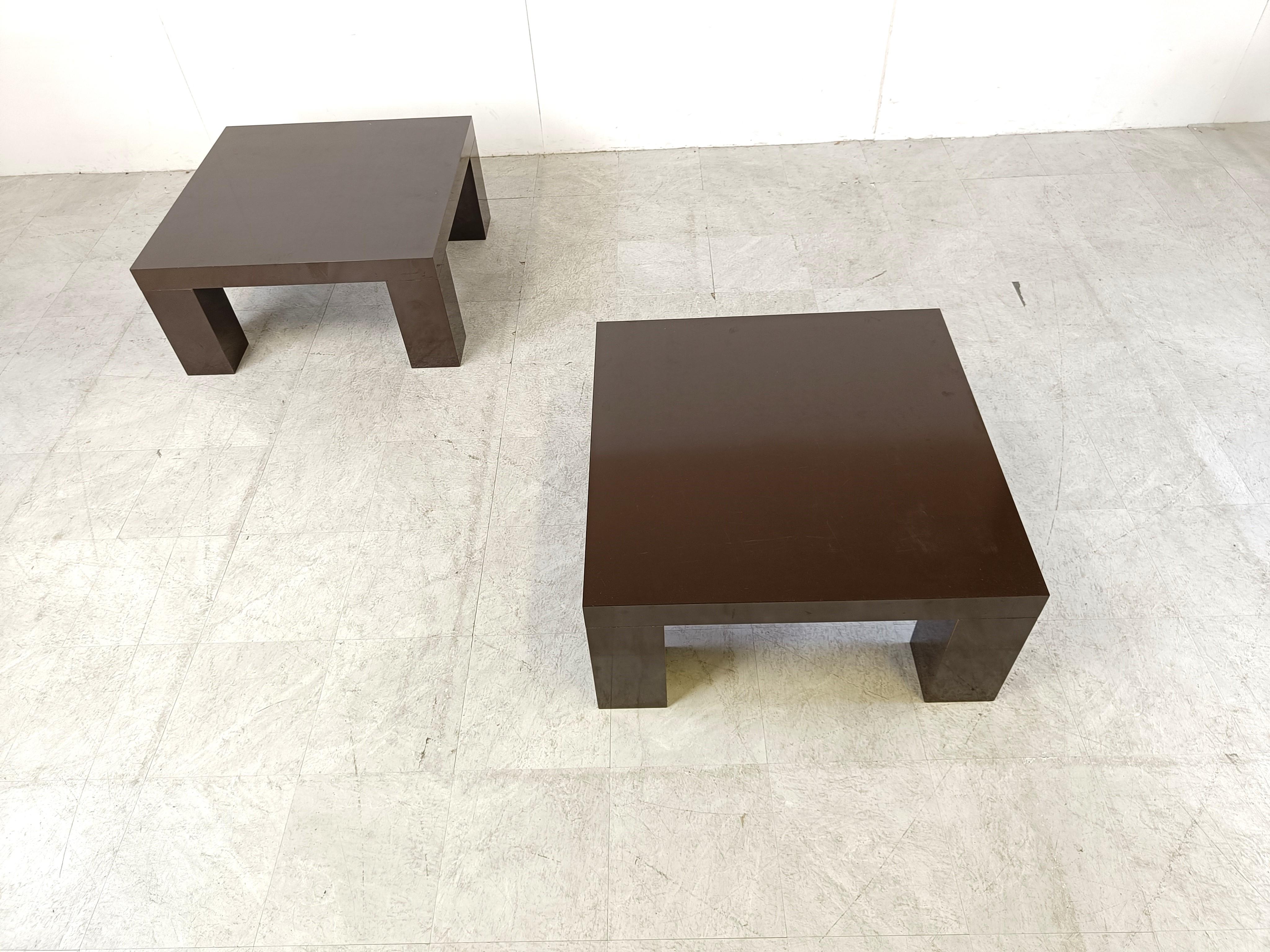 Lacquer Pair of brown lacquer coffee tables, 1970s For Sale