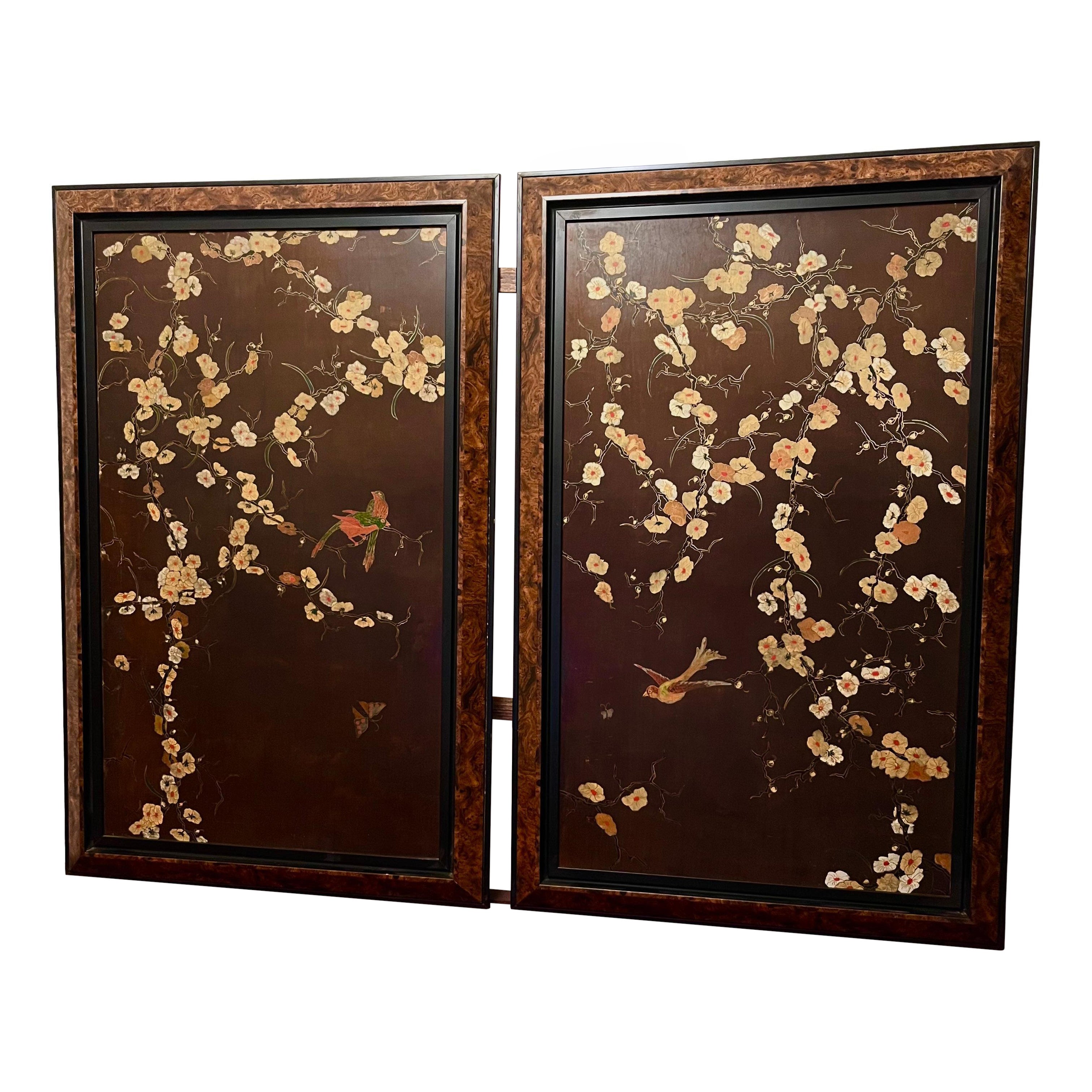 Pair of brown Lacquer on Wood Panels Art Nouveau Floral Japanese Style .