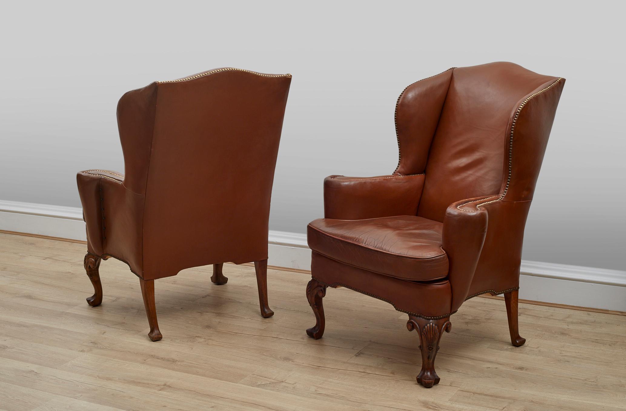 Art Deco Pair of brown leather 1920s wingback chairs