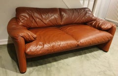 Pair of brown leather 2-Seater Maralunga Sofas by Vico Magistretti for Cassina