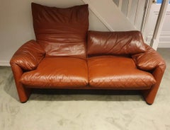 Vintage Pair of brown leather 2-Seater Maralunga Sofas by Vico Magistretti for Cassina