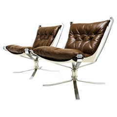 Pair of brown leather and chrome Sigurd Ressell Falcon chairs for Vatne Møbler