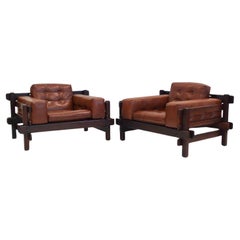 Vintage Pair of Brown Leather and Hardwood Armchairs Attributed to Sergio Rodrigues
