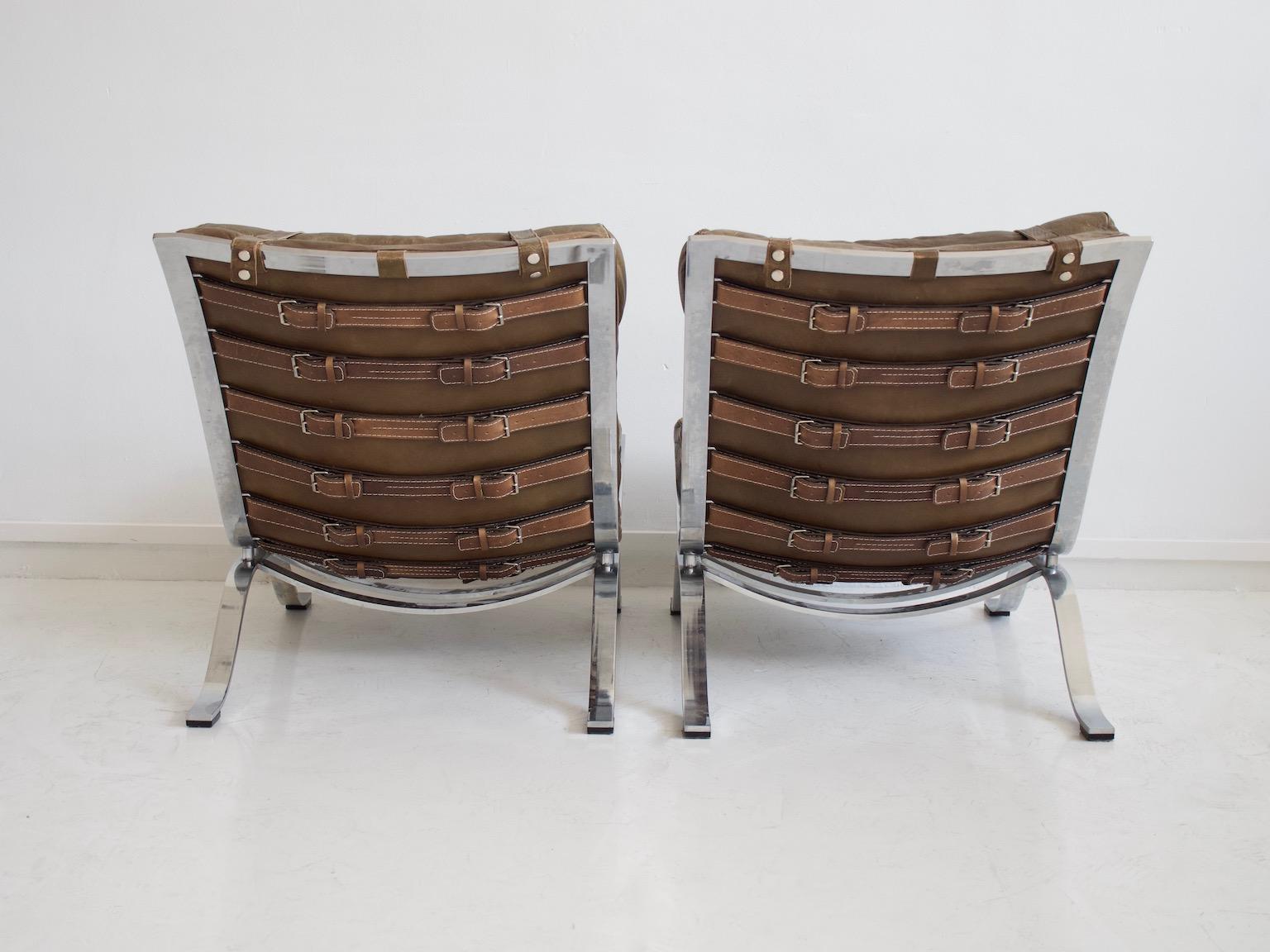 Pair of Arne Norell Brown Leather and Steel Ari Lounge Chairs 4