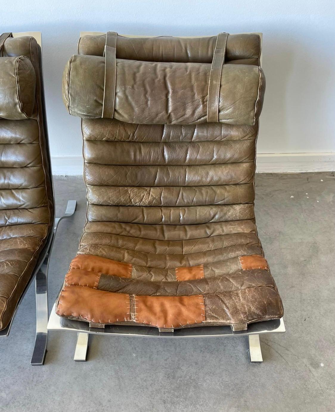 Mid-Century Modern Pair of Arne Norell Brown Leather and Steel Ari Lounge Chairs