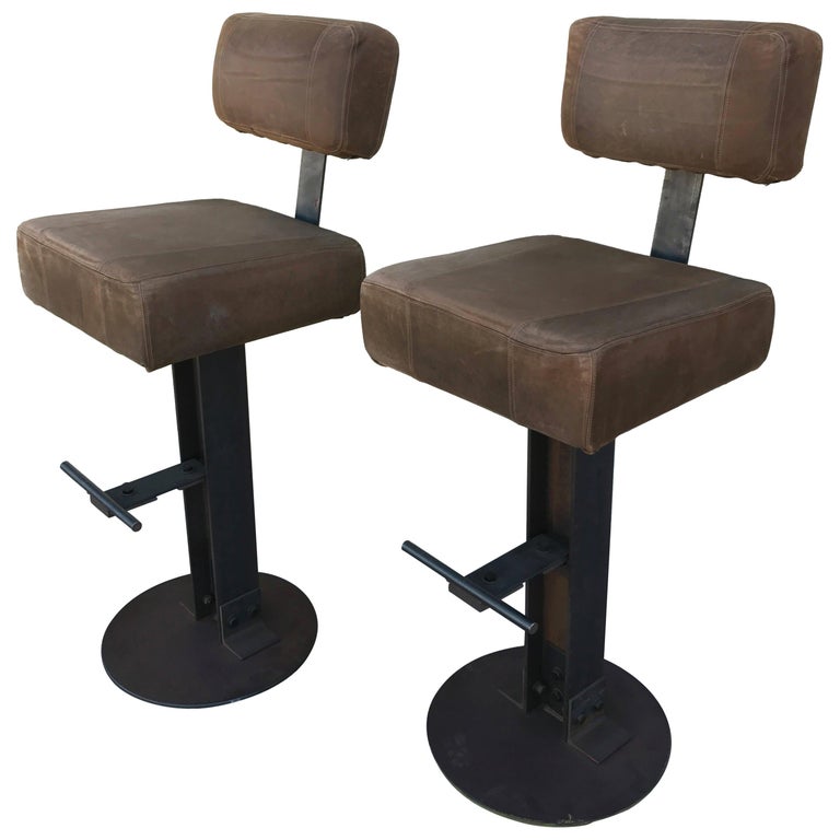 Pair of Brown Leather and Steel Industrial Bar Stools For Sale at 1stDibs