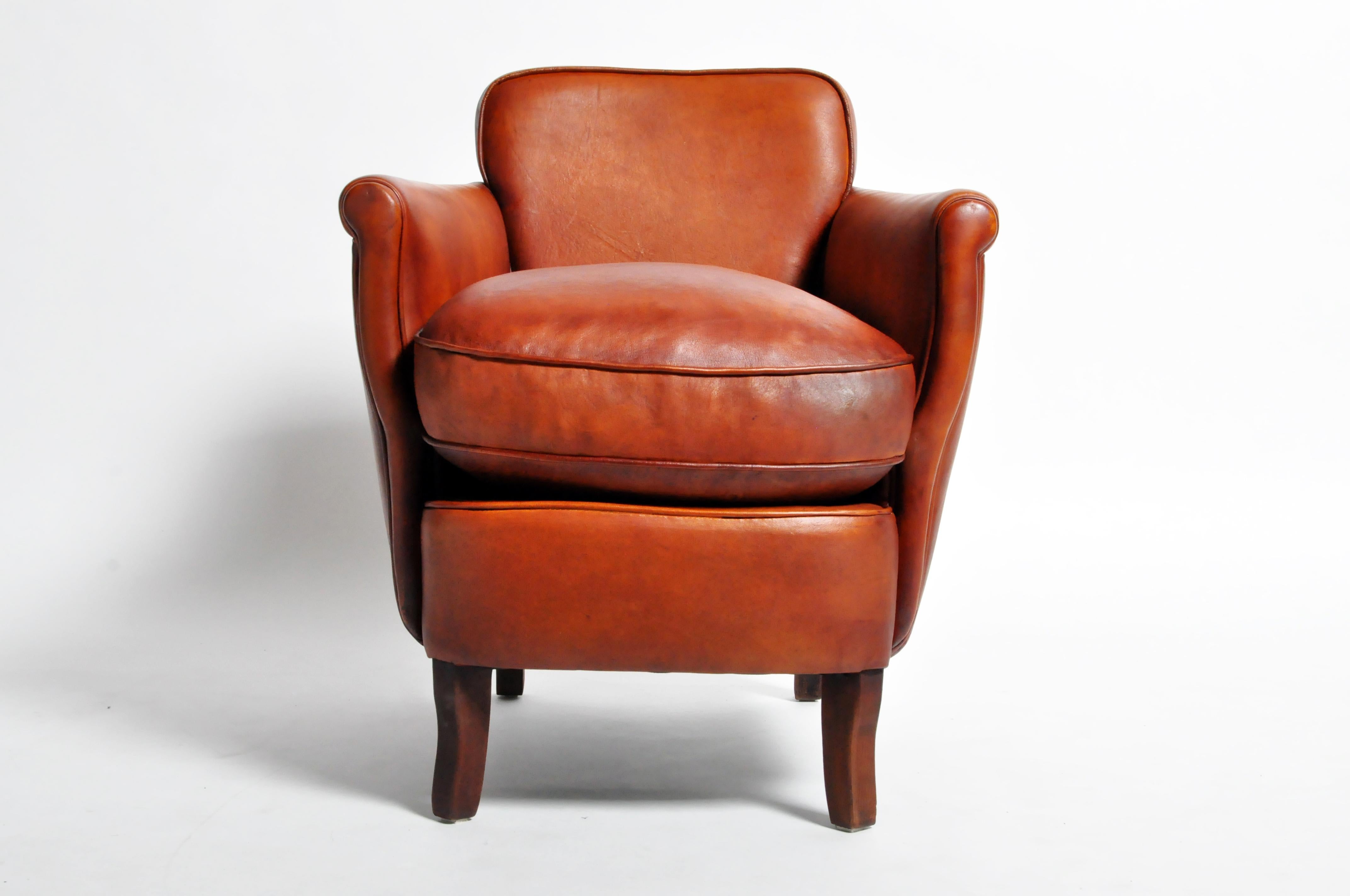 French Pair of Brown Leather Armchairs