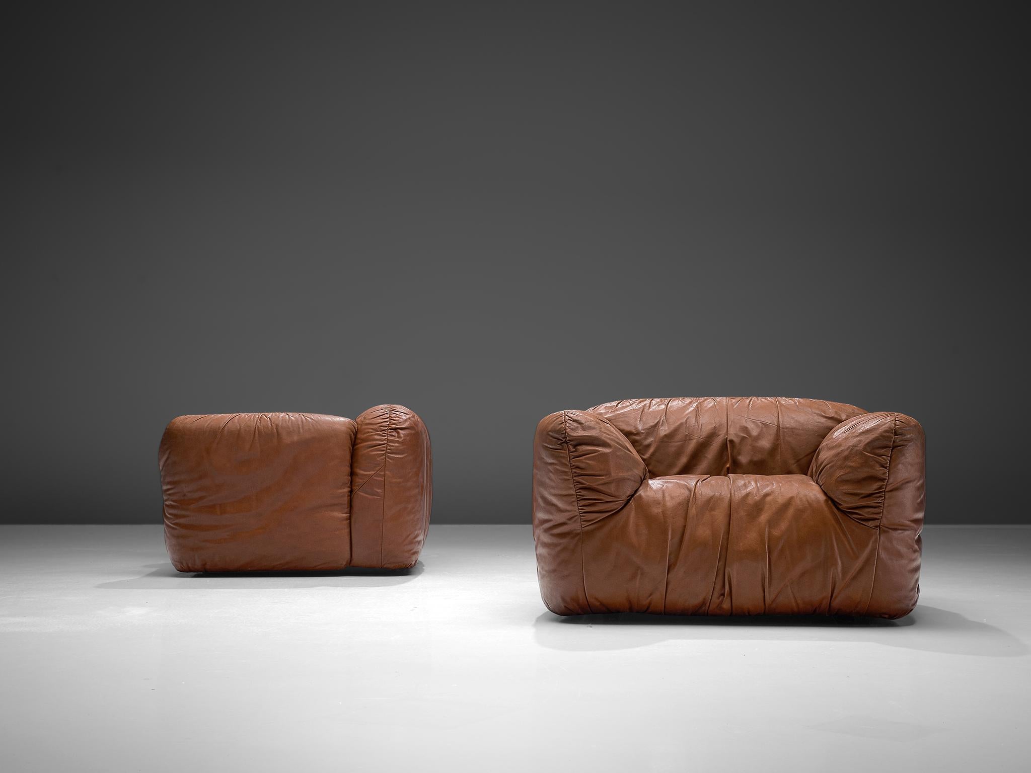 Mid-Century Modern Pair of Brown Leather Armchairs, Italy, 1970s