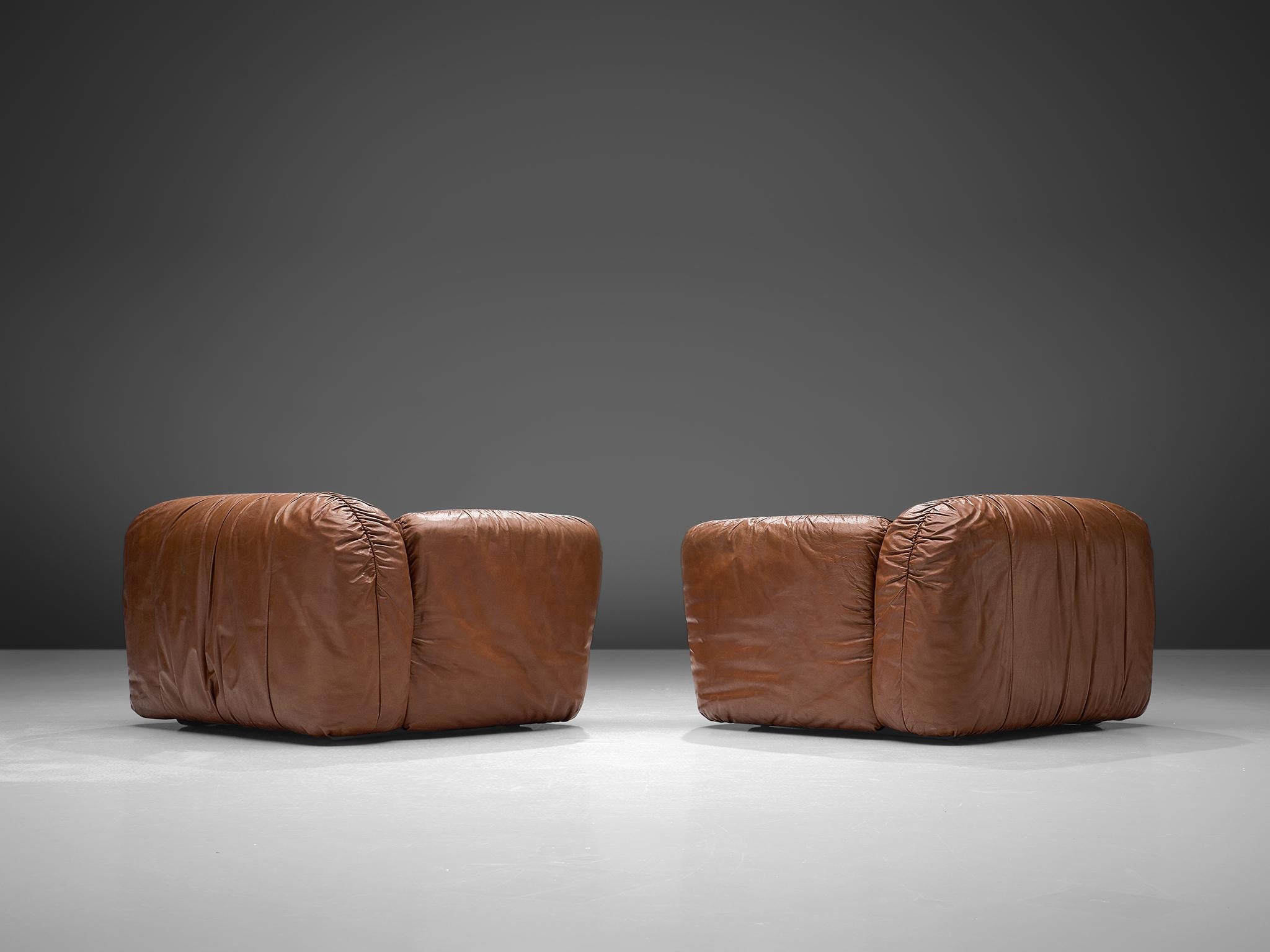 European Pair of Brown Leather Armchairs, Italy, 1970s