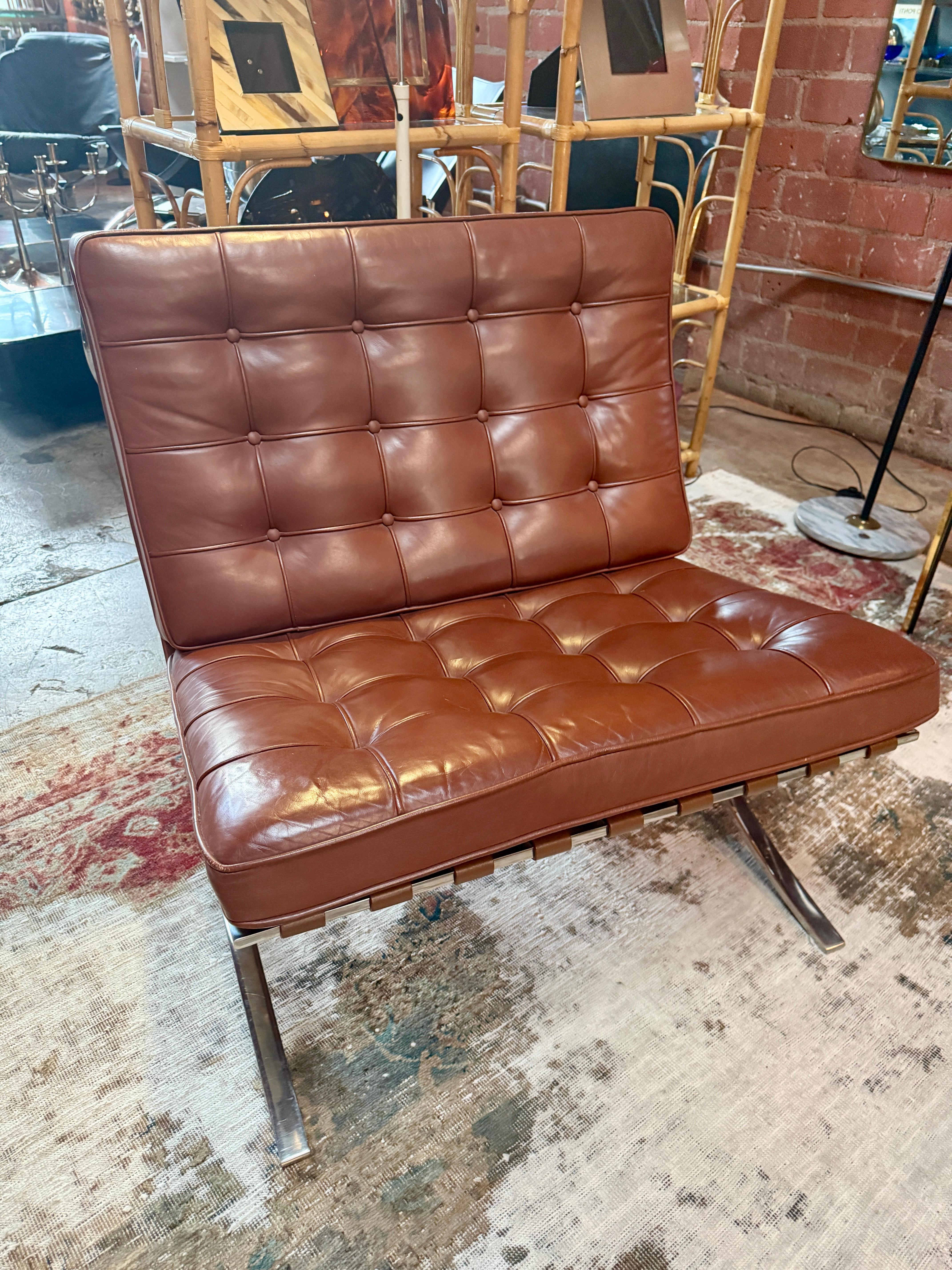 Pair of Brown Leather Barcelona Chairs by Mies Van Der Rohe for Knoll SIGNED 4