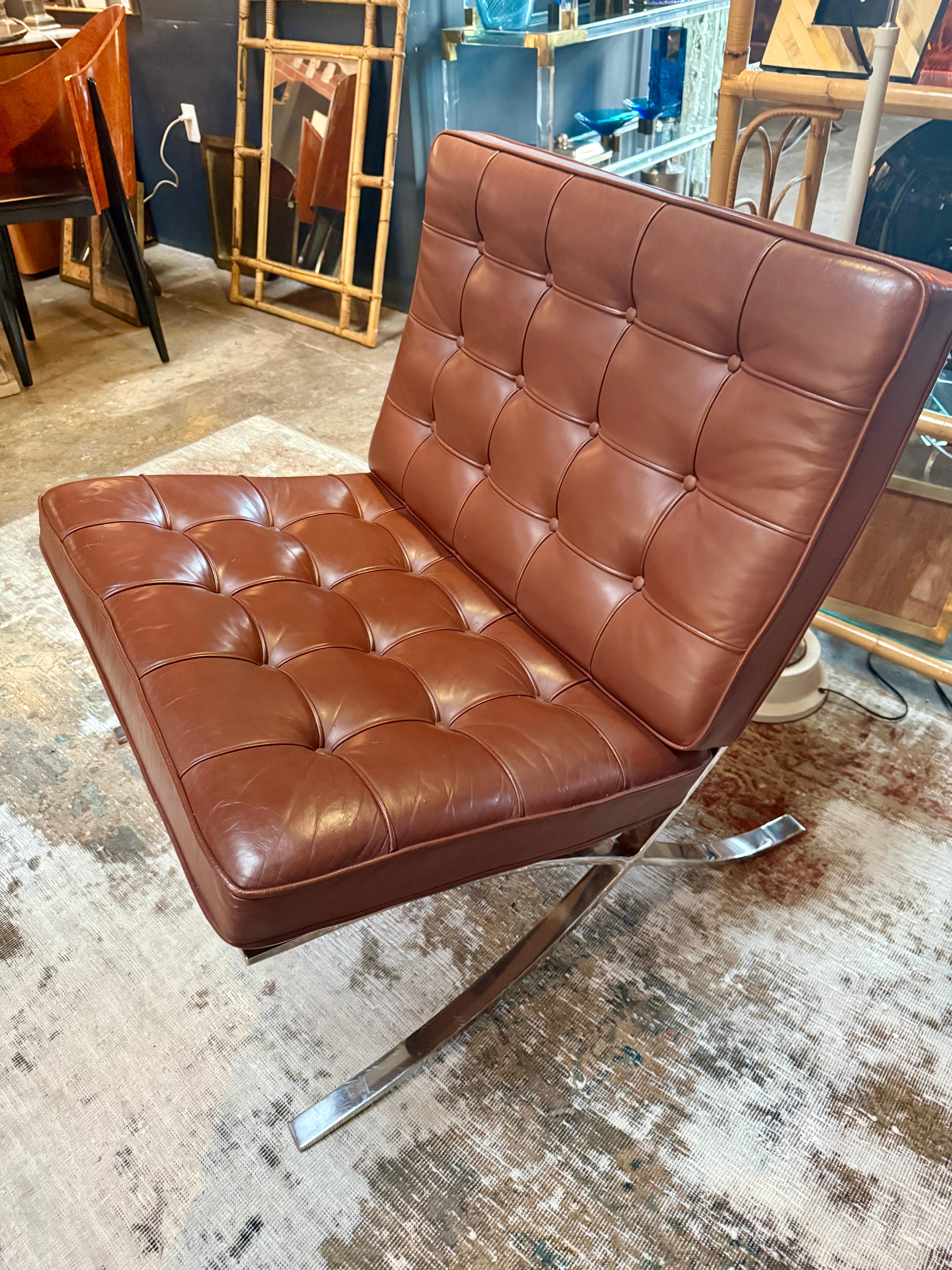 Pair of Brown Leather Barcelona Chairs by Mies Van Der Rohe for Knoll SIGNED 5