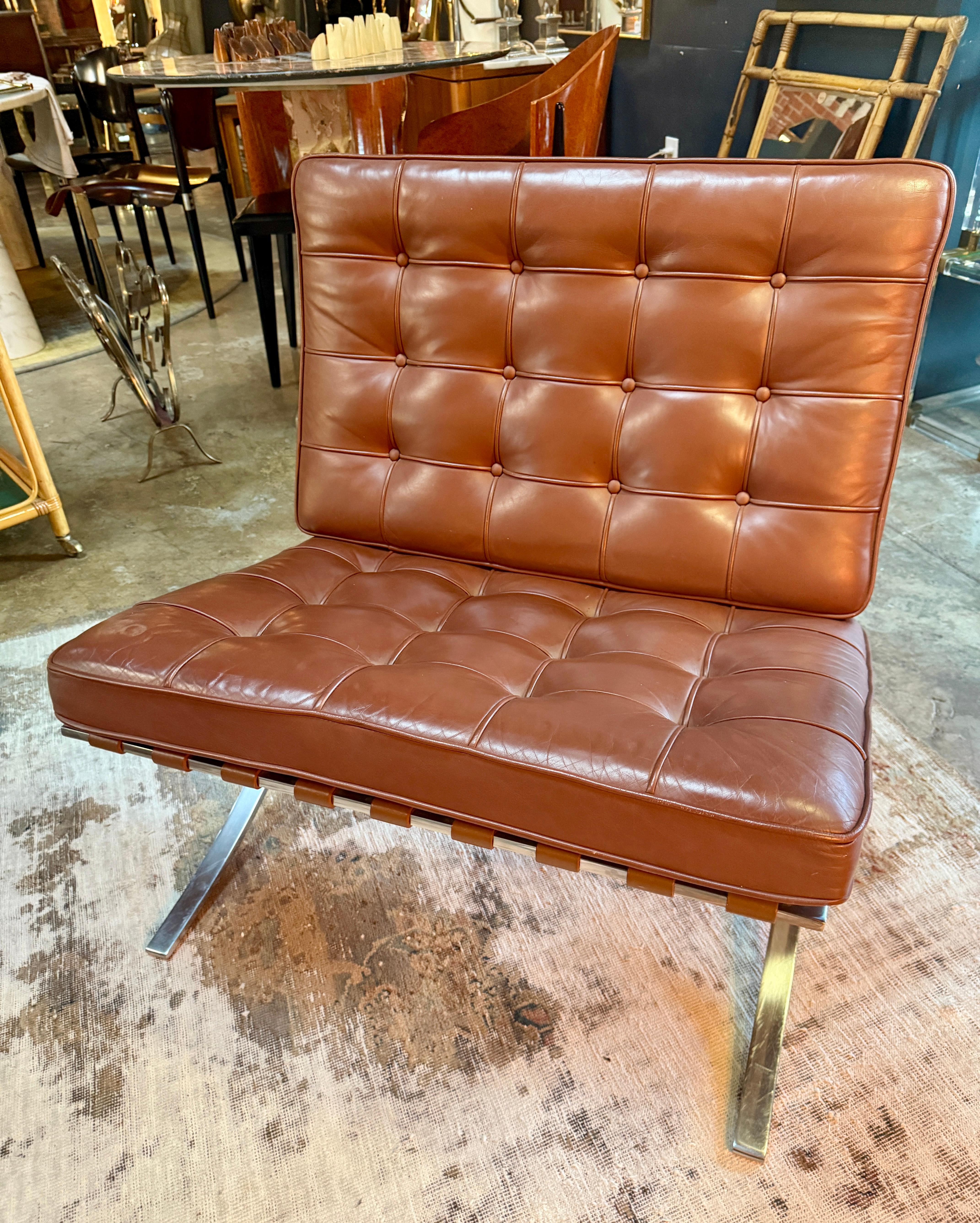 Pair of Brown Leather Barcelona Chairs by Mies Van Der Rohe for Knoll SIGNED 6
