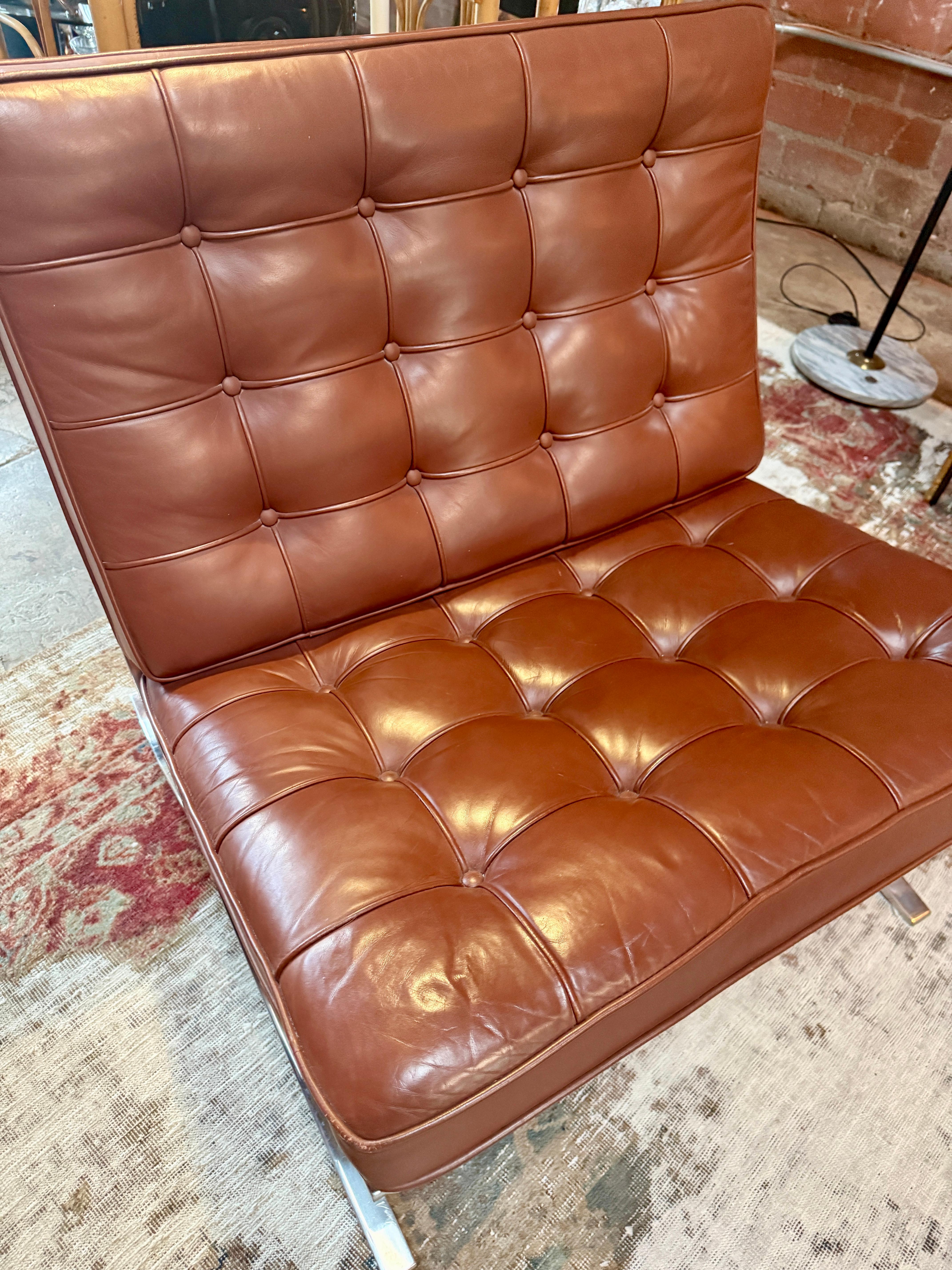 Mid-Century Modern Pair of Brown Leather Barcelona Chairs by Mies Van Der Rohe for Knoll SIGNED