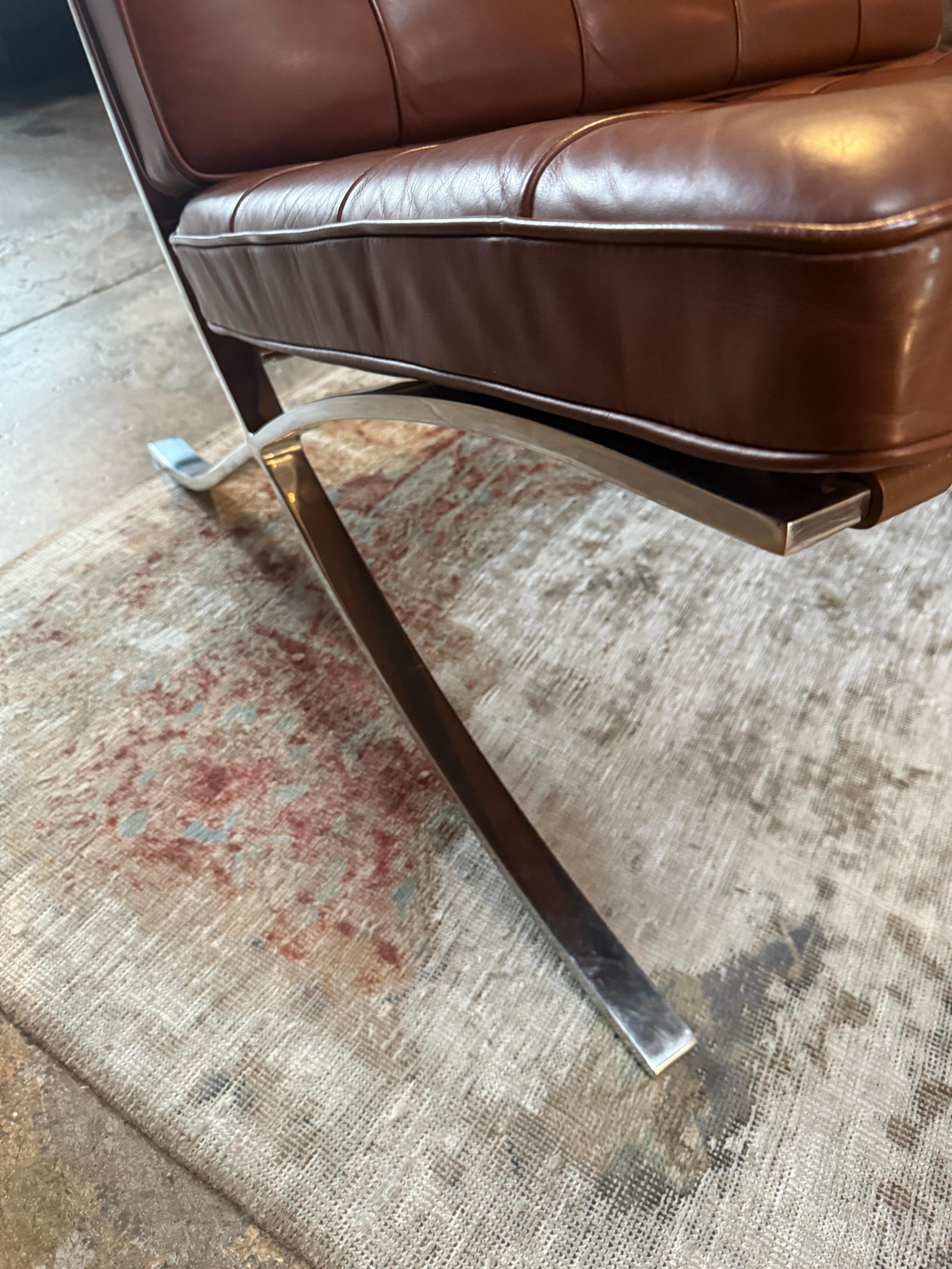 Pair of Brown Leather Barcelona Chairs by Mies Van Der Rohe for Knoll SIGNED 2