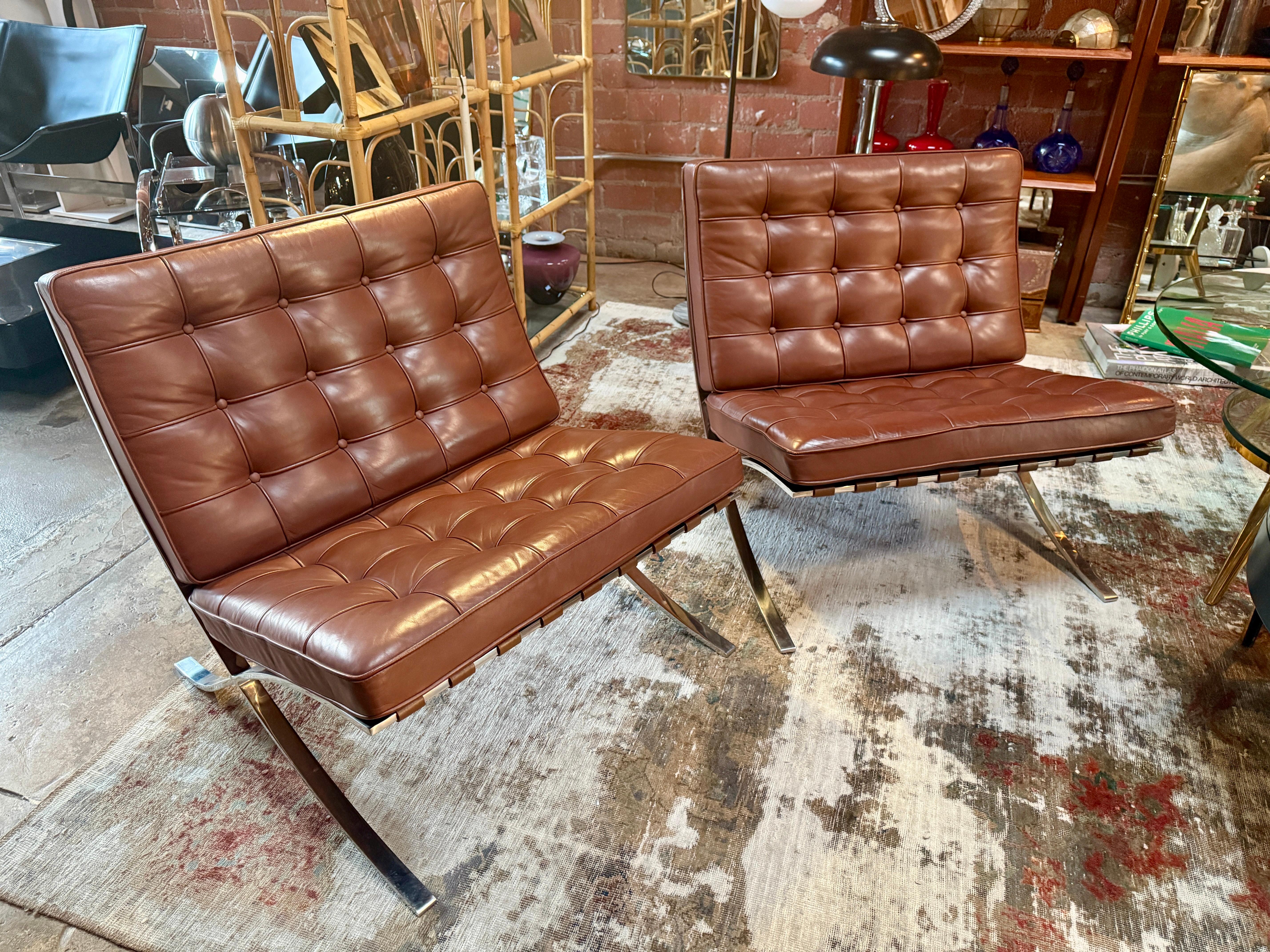Pair of Brown Leather Barcelona Chairs by Mies Van Der Rohe for Knoll SIGNED 3