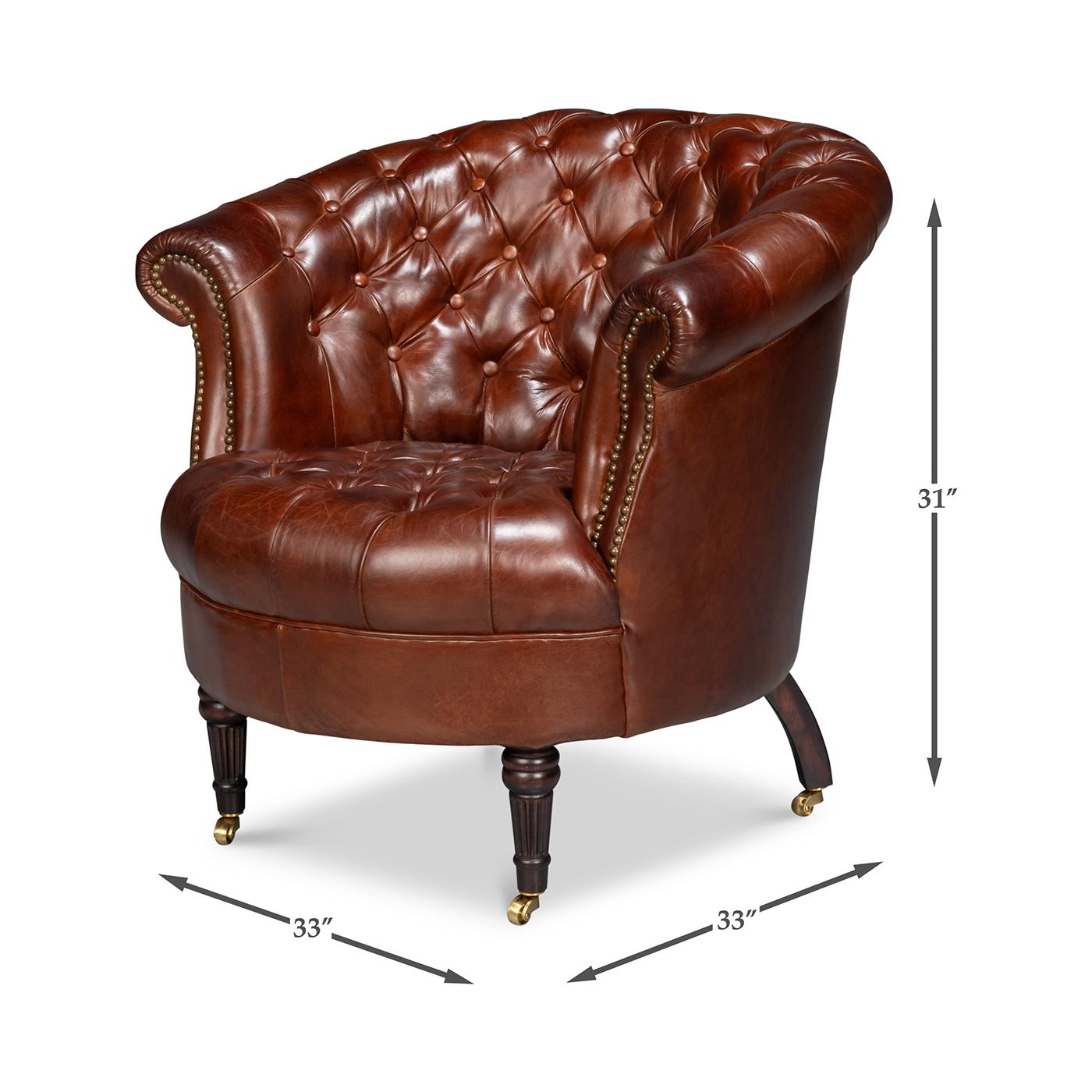 Pair of Brown Leather Barrel Back Chairs For Sale 6