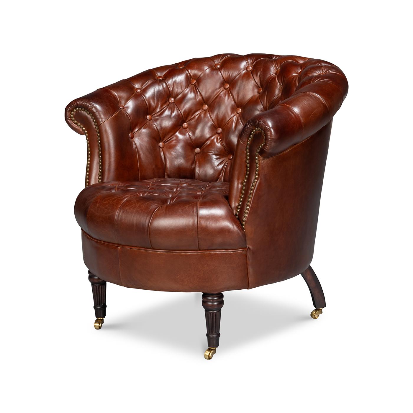 Upholstered in rich, top-grain Newark Brown leather, its elegantly curved barrel back is adorned with deep button tufting, exuding timeless sophistication.

Set on turned, tapered, and fluted legs, this chair is as functional as it is beautiful.
