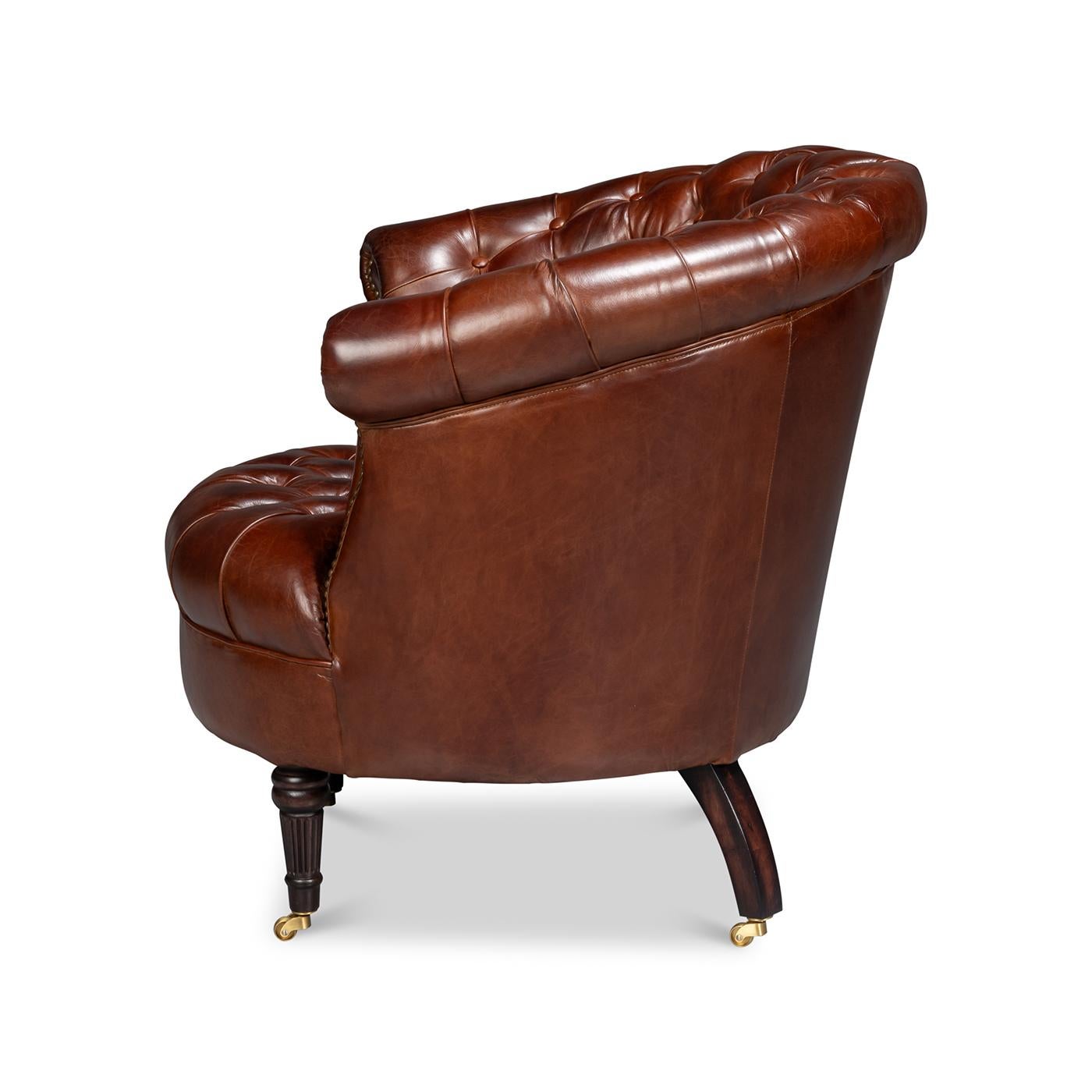 Asian Pair of Brown Leather Barrel Back Chairs For Sale