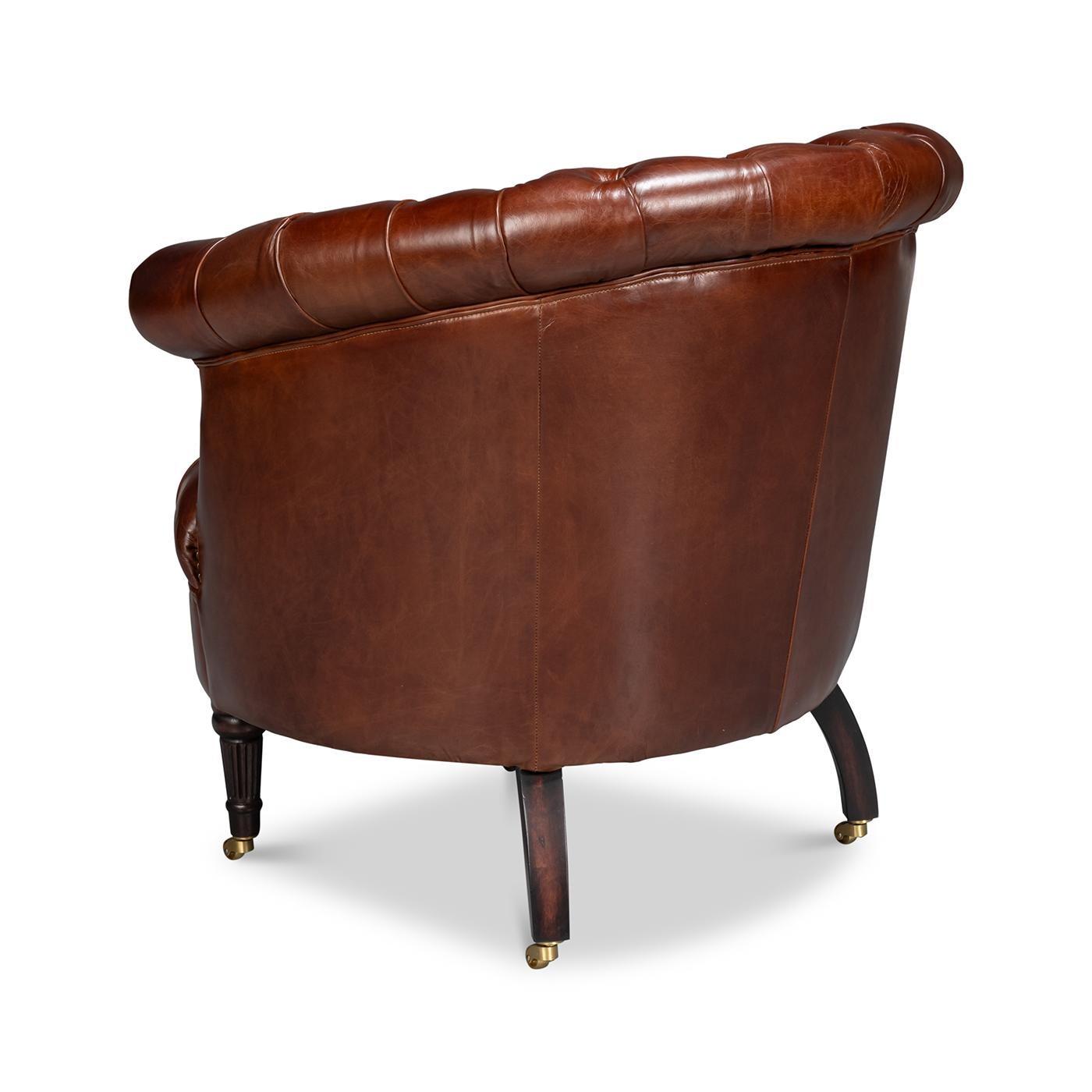 Contemporary Pair of Brown Leather Barrel Back Chairs For Sale