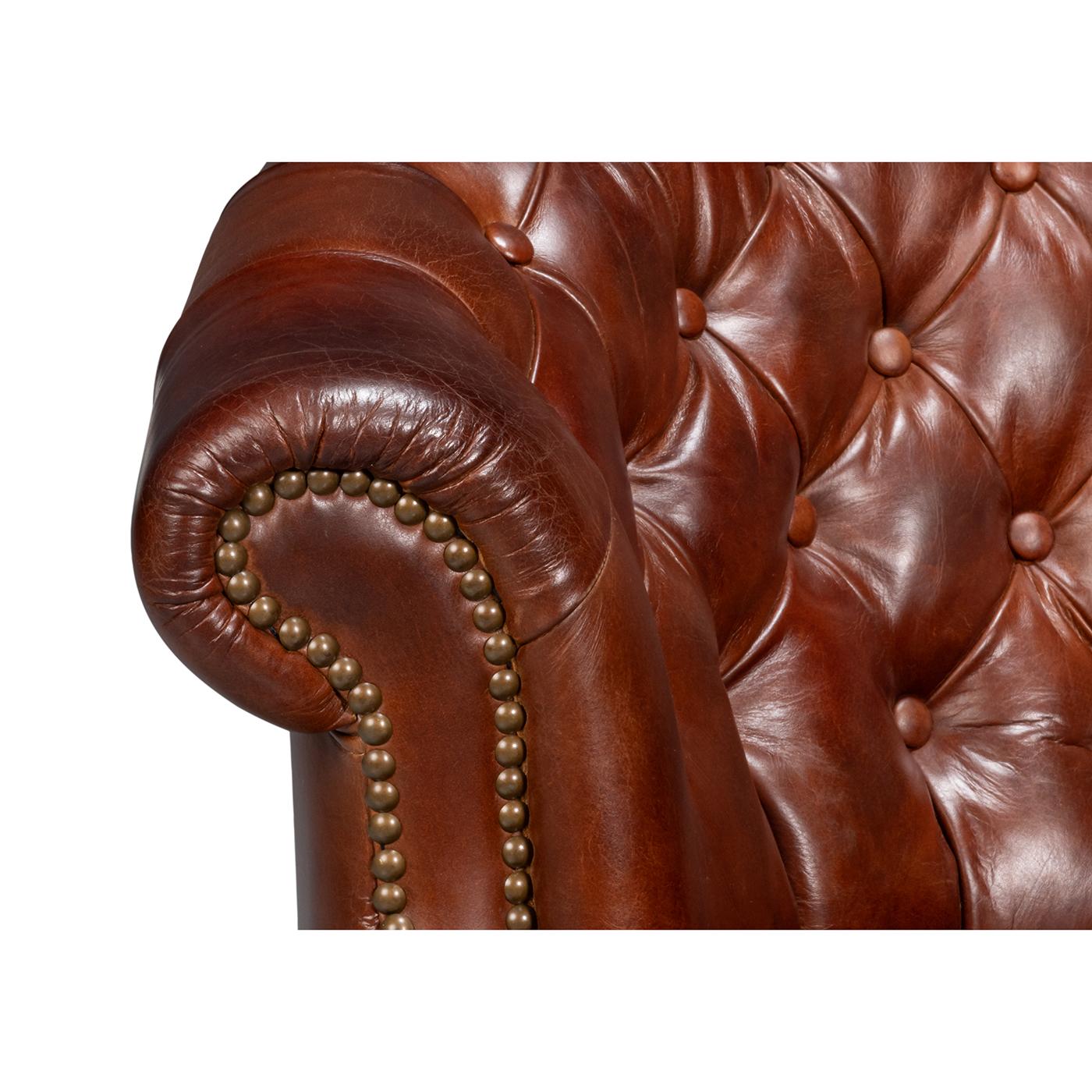 Pair of Brown Leather Barrel Back Chairs For Sale 1